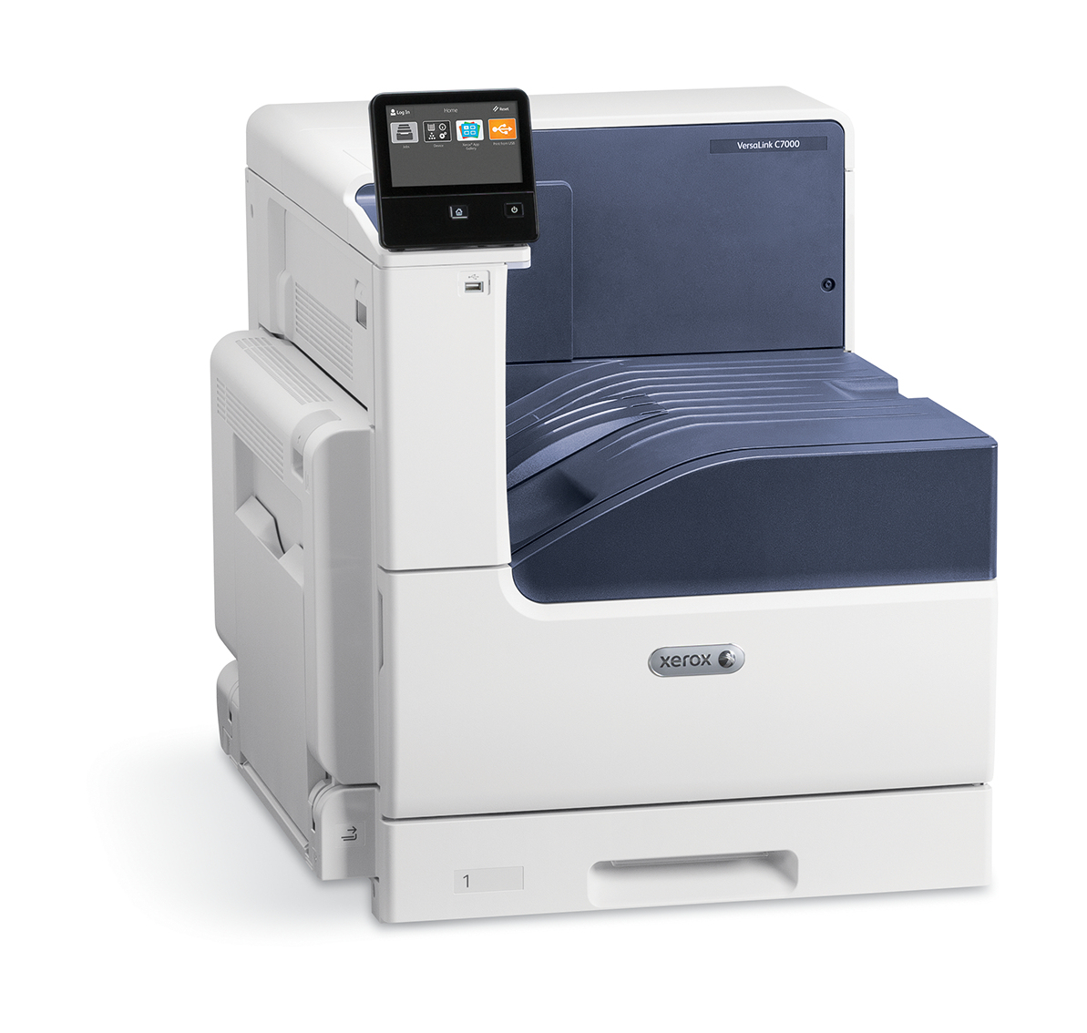 Beyaz ve siyah Xerox VersaLink C7000 yazıcı, dokunmatik ekran ve kağıt tepsisi ile.