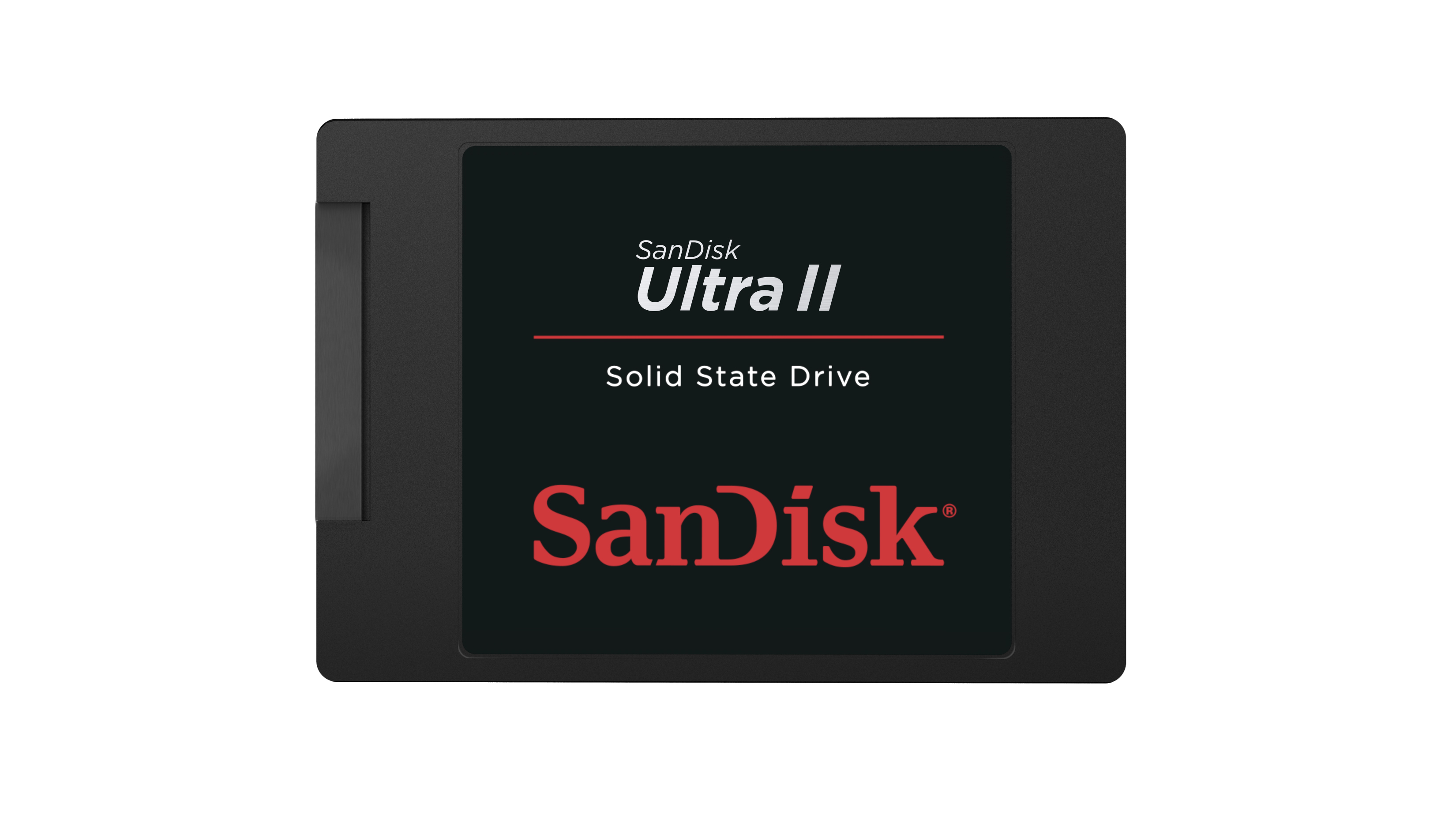 Siyah SanDisk Ultra II SSD. SanDisk Ultra II ve Solid State Drive yazıları var.