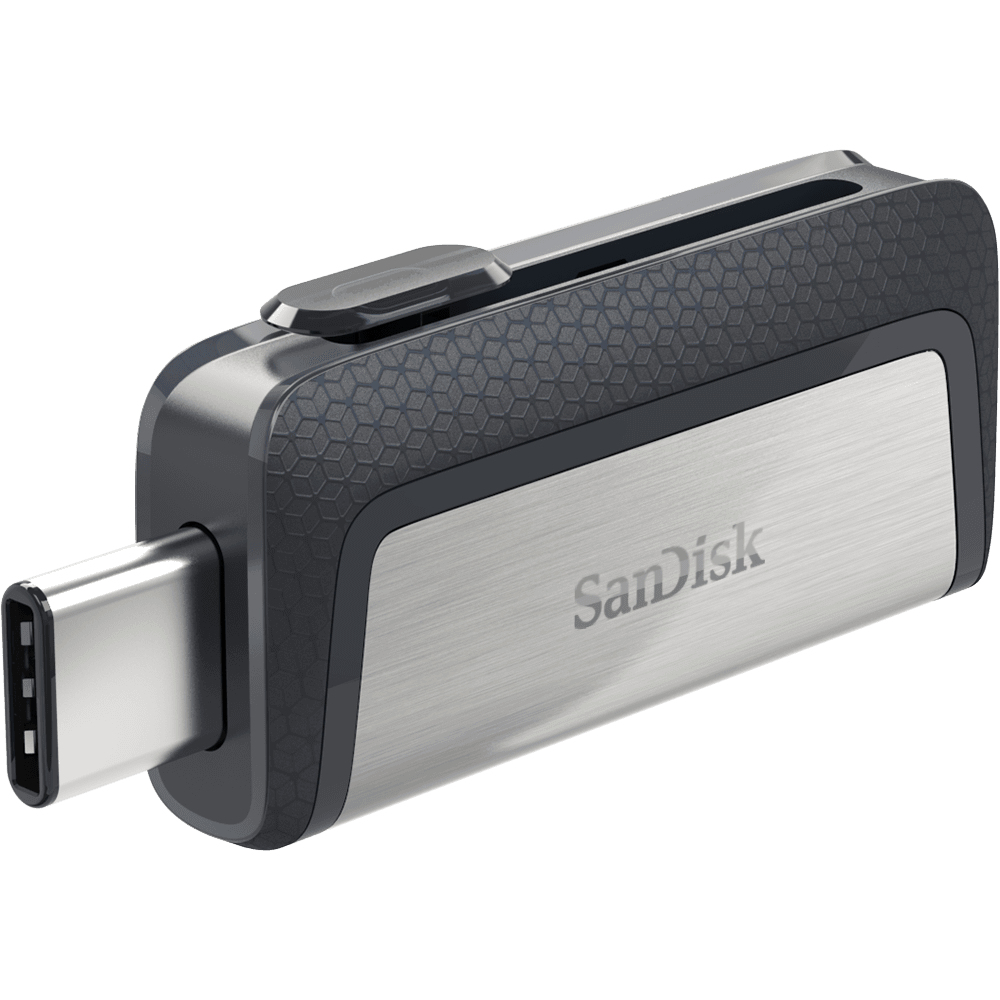Gümüş ve siyah SanDisk USB-C flash sürücü.