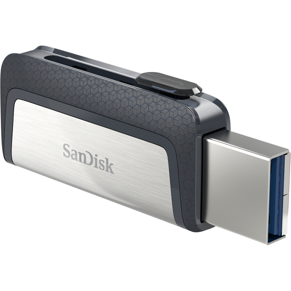 Gümüş ve siyah USB flash sürücü.