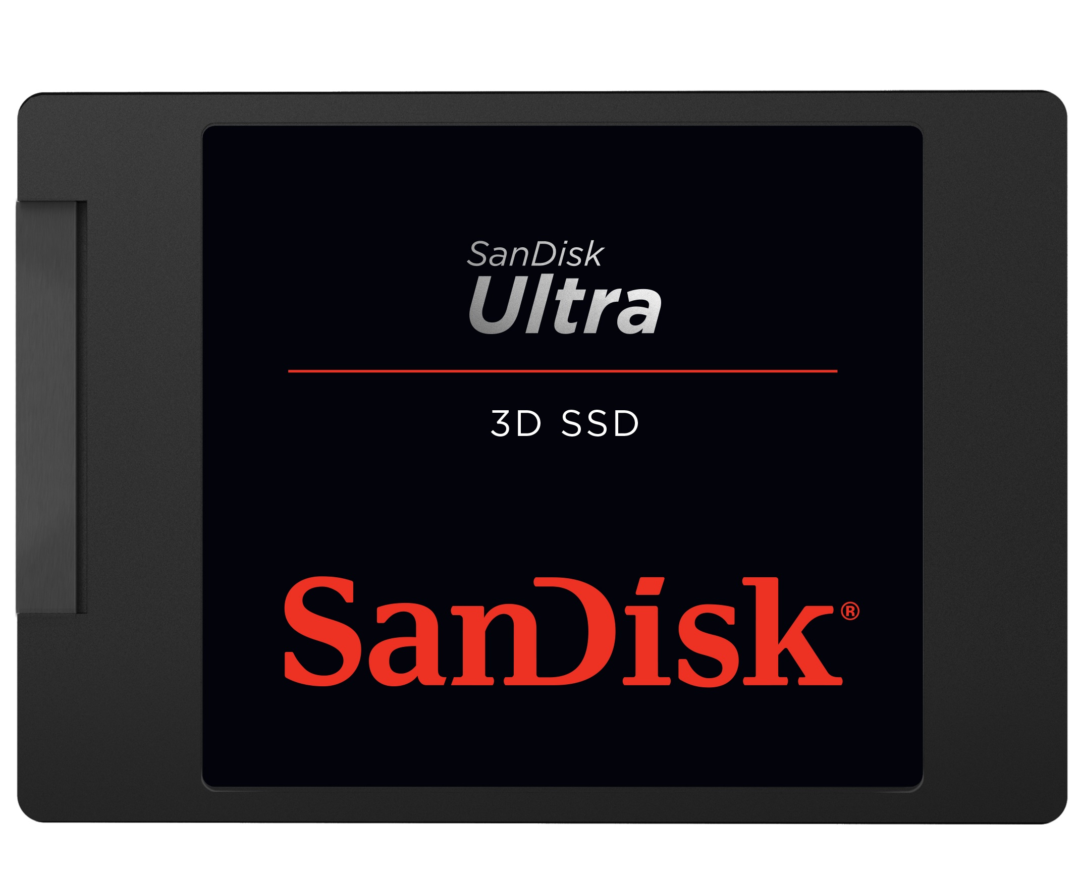Beyaz metinli siyah SSD sürücü. Marka SanDisk Ultra'dır. Ürün 3D SSD'dir.