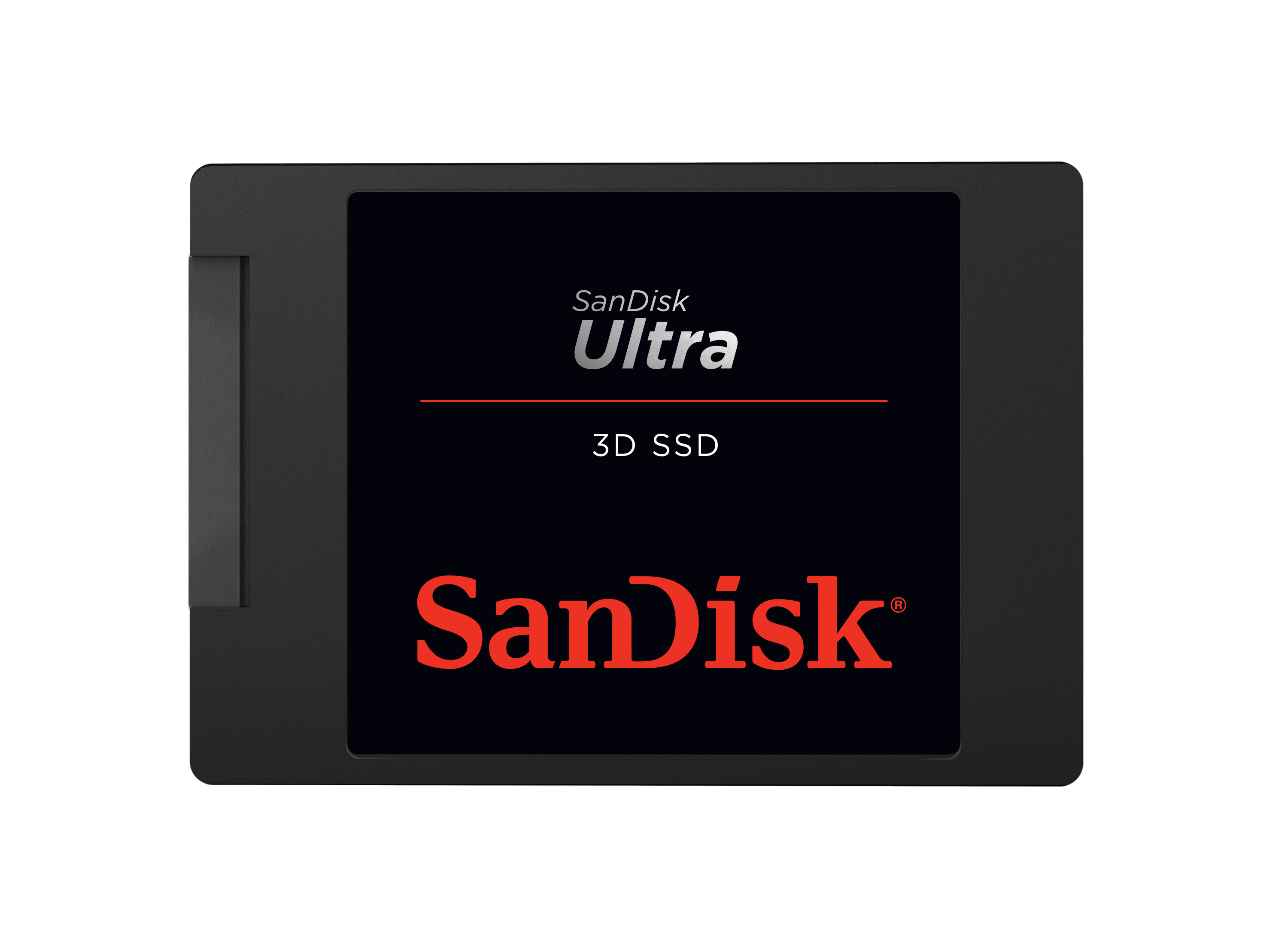 Siyah SanDisk Ultra 3D SSD. SanDisk logosu kırmızı. Paket siyah.