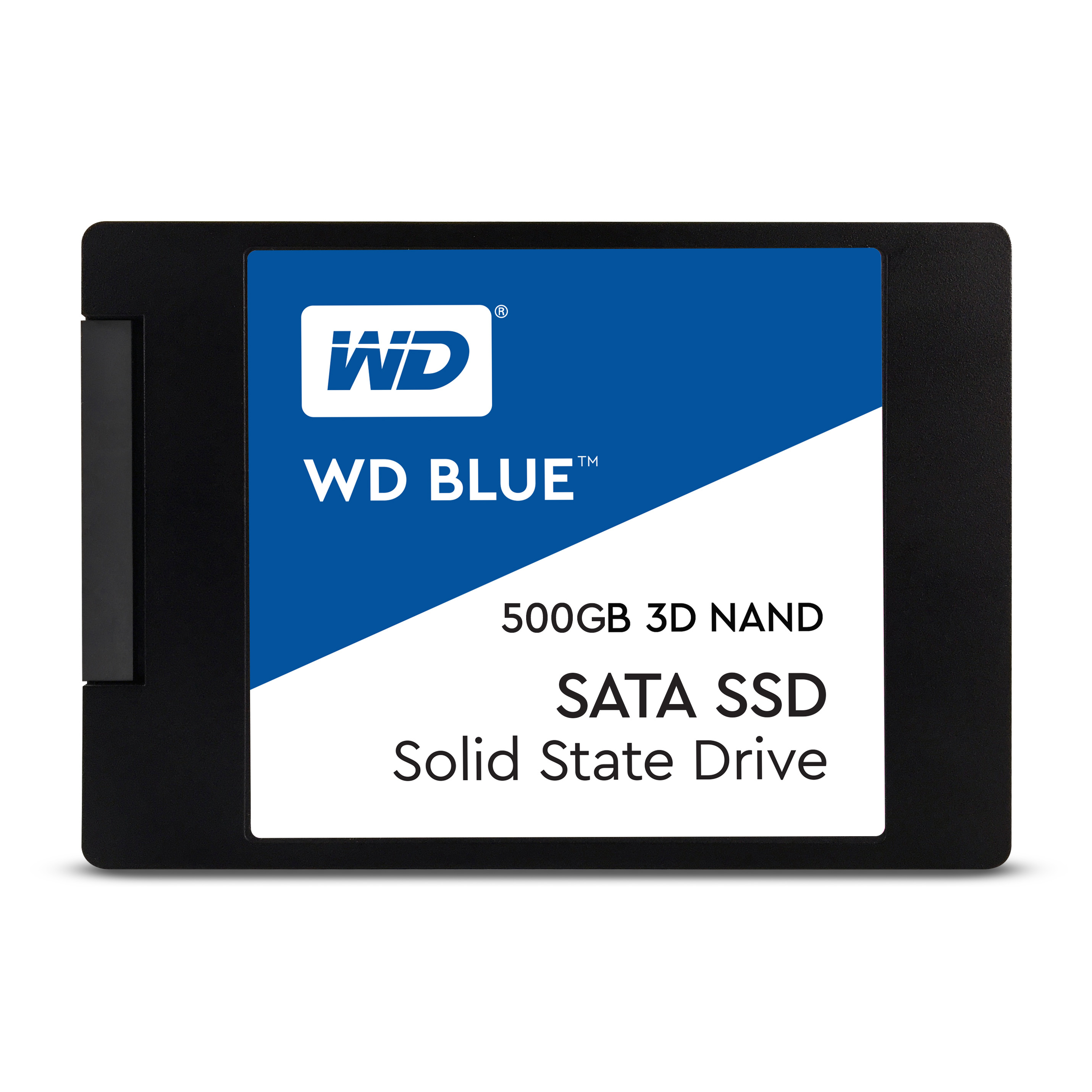 WD Blue SATA SSD. Mavi ve beyaz etiket, siyah çerçeve. 500GB, Katı Hal Sürücüsü.
