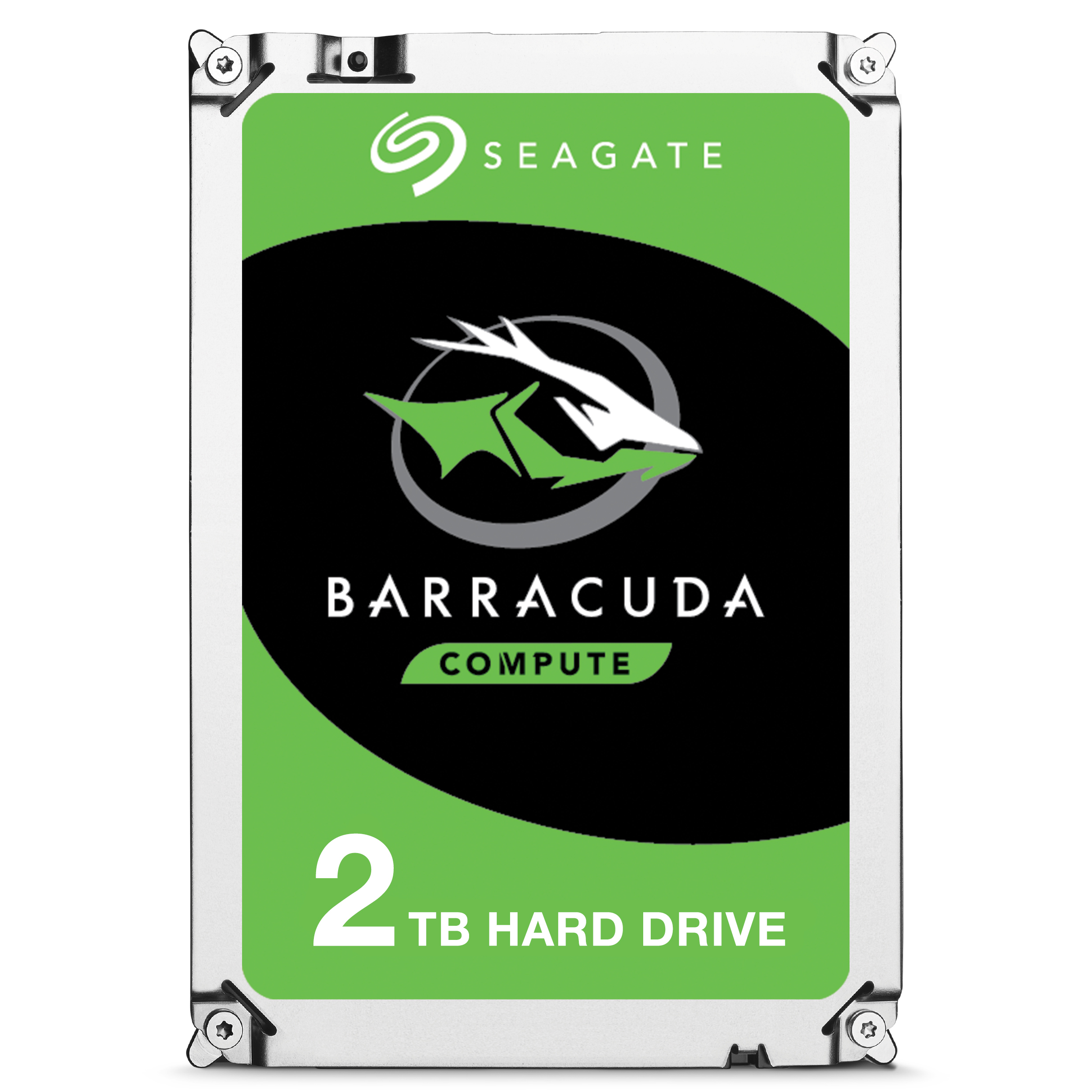 Yeşil ve siyah tasarımlı bir Seagate Barracuda 2TB sabit disk.