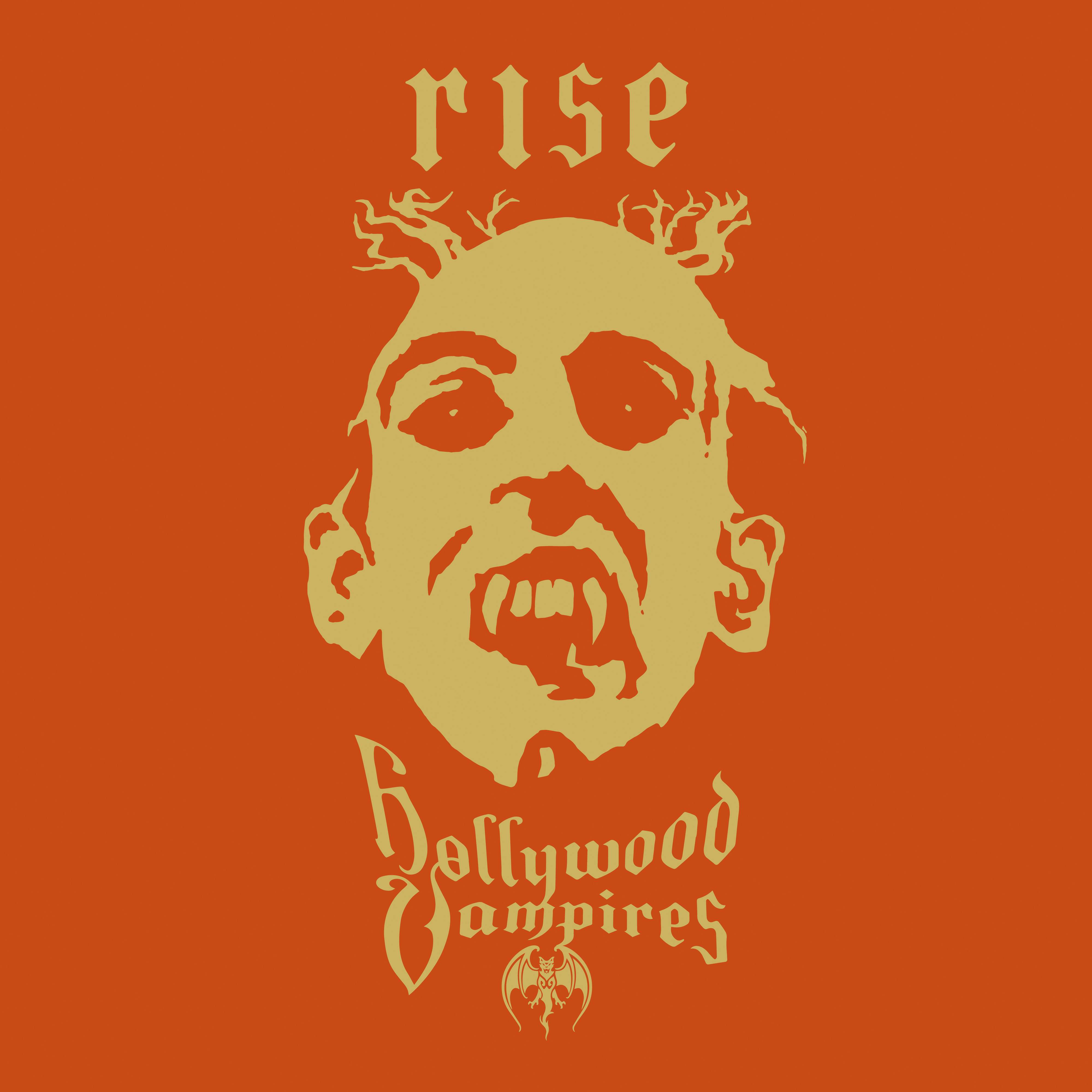 Oranger Hintergrund mit einem goldenen Vampirgesicht und dem Text 'Rise Hollywood Vampires'.