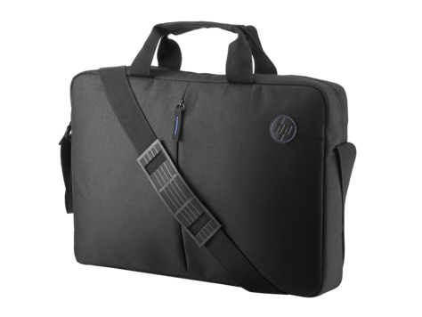 Omuz askılı ve yan tarafında HP logosu bulunan siyah bir HP dizüstü bilgisayar çantası.