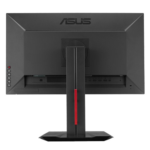Siyah Asus bilgisayar monitörünün arkası, bir stand ile, beyazda izole edilmiş.