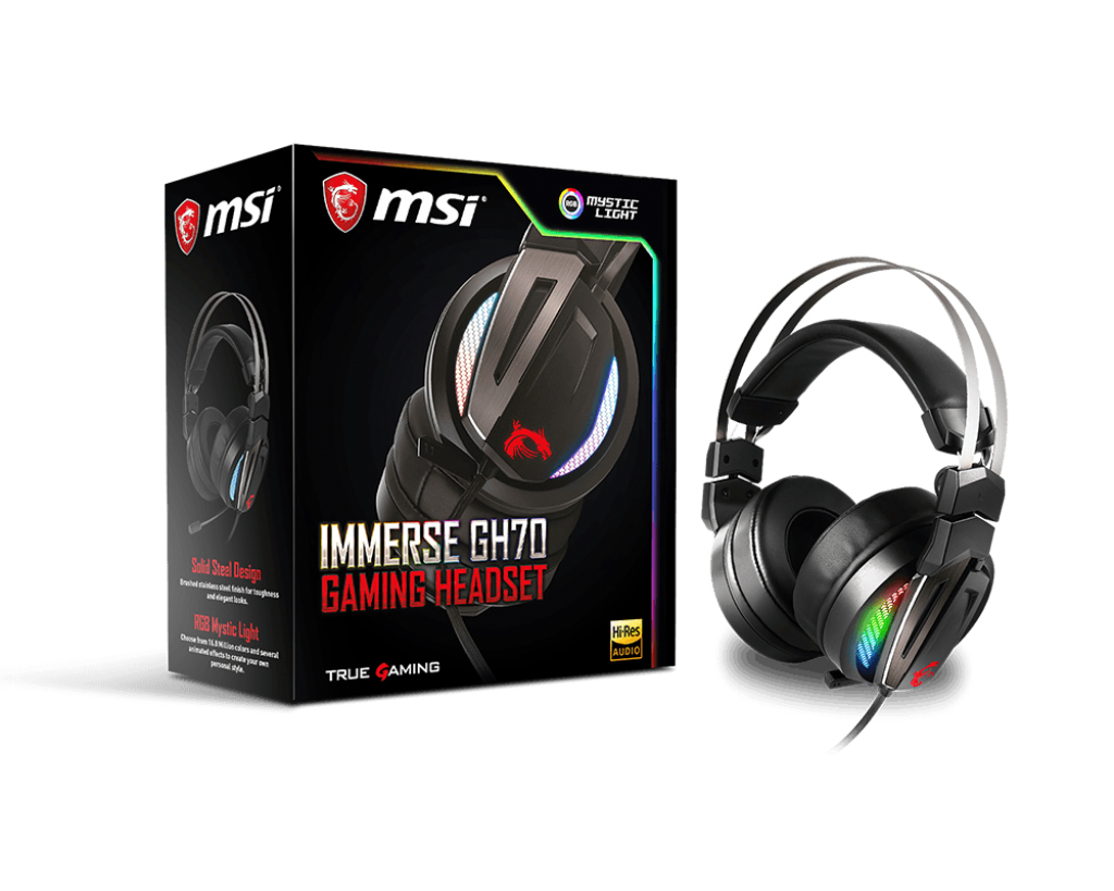 MSI Immerse GH70 oyun kulaklığı bir kutuda. Kulaklık siyah ve RGB ışıklara sahip.