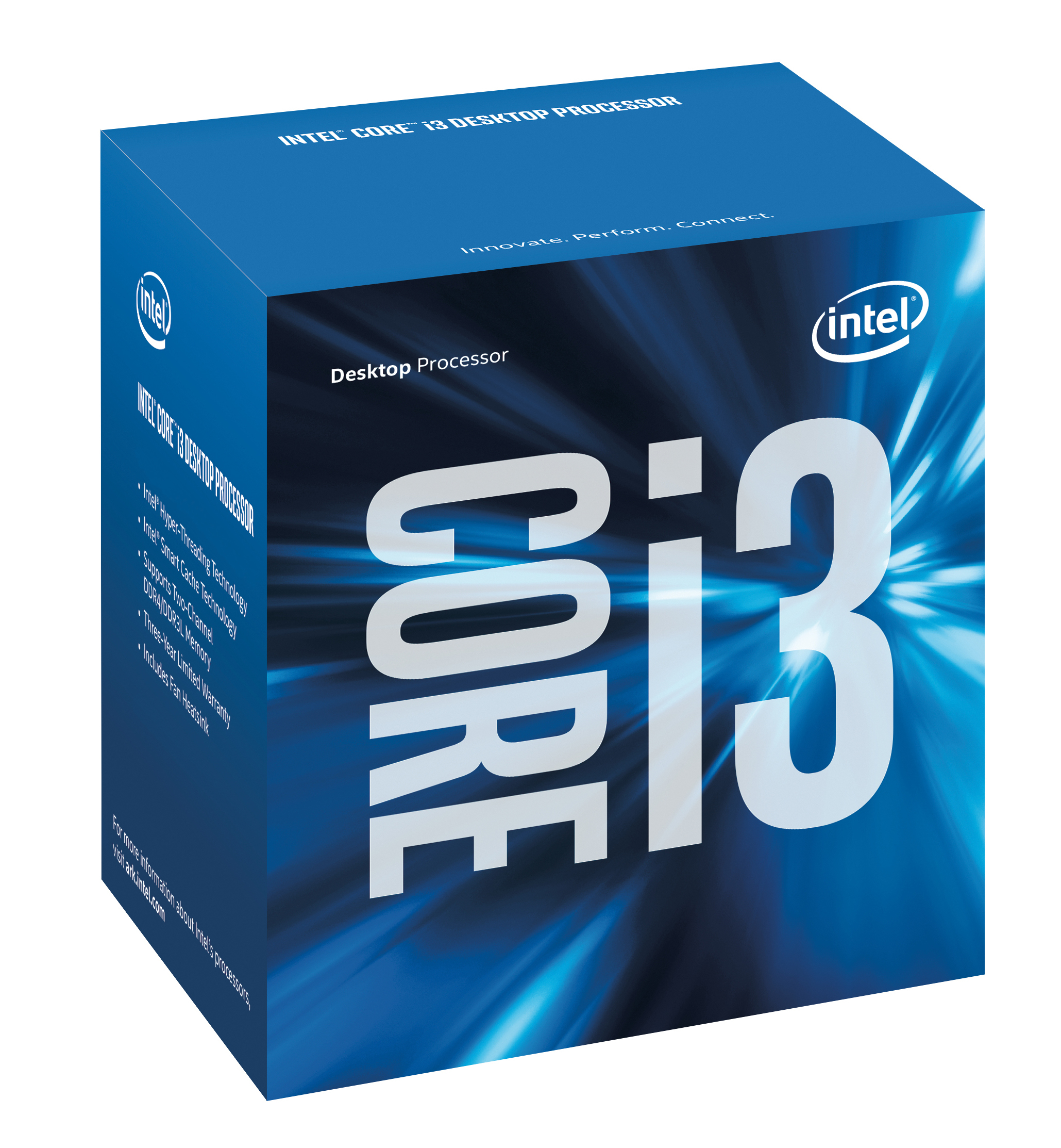 Mavi Intel Core i3 işlemci kutusu, beyaz metin ve logo, beyaz zemin üzerinde.