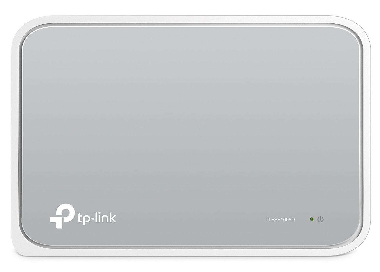 Beyaz ve gri TP-Link yönlendirici, solda logo, sağda güç ışığı. Model numarası TL-SF1005D.