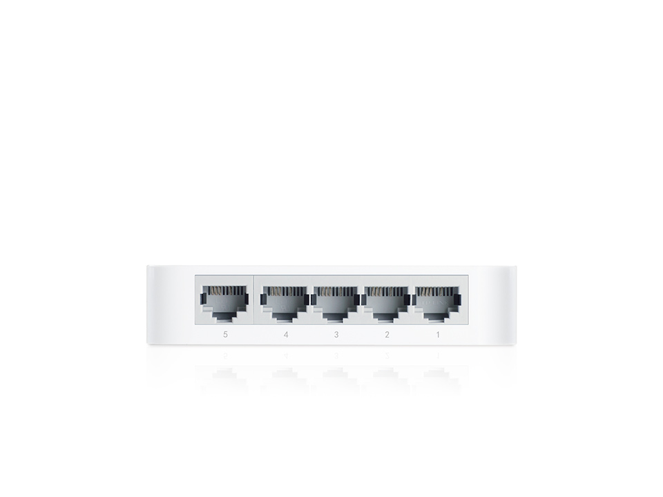 Beyaz ağ anahtarı, 1-5 numaralı beş ethernet portu ile.