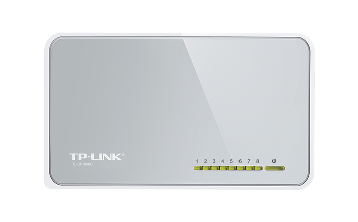 Beyaz bir TP-Link ağ anahtarı. 8 numaralı ışığı ve bir güç göstergesi var.
