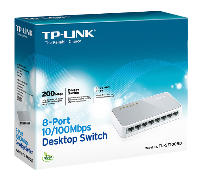 Ürün detayları ile bir TP-Link 8 Portlu masaüstü anahtar kutusu.