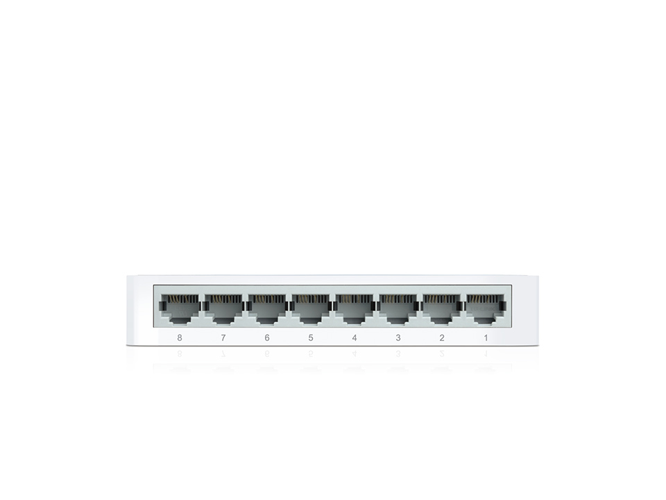 Beyaz bir arka planda sekiz numaralı ethernet portuna sahip beyaz bir ağ anahtarı.