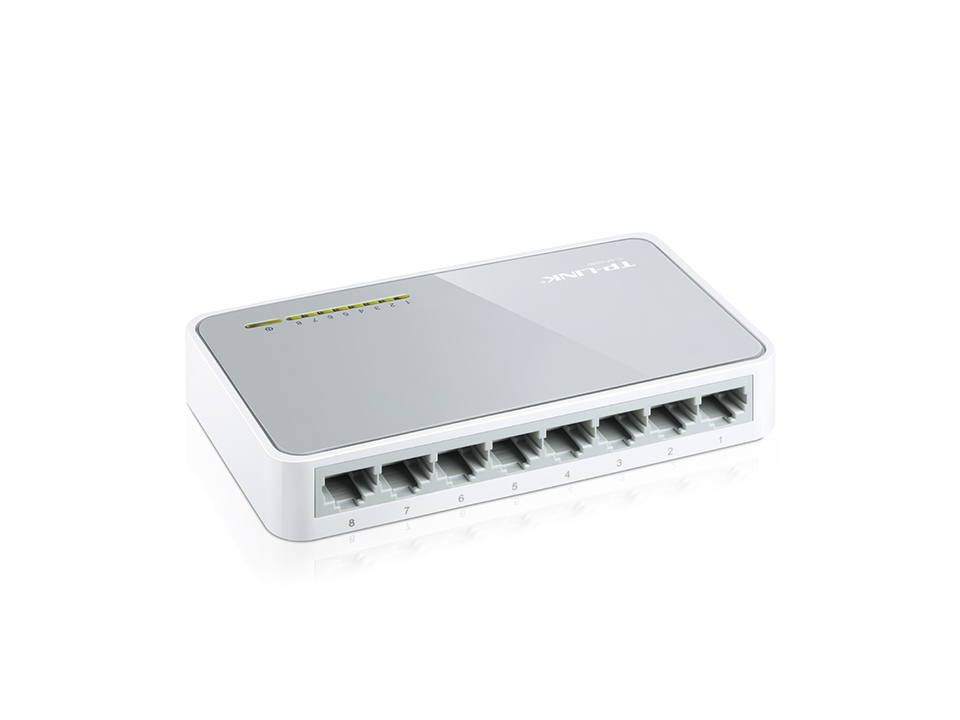 Beyaz TP-Link ağ anahtarı, sekiz numaralı bağlantı noktası.