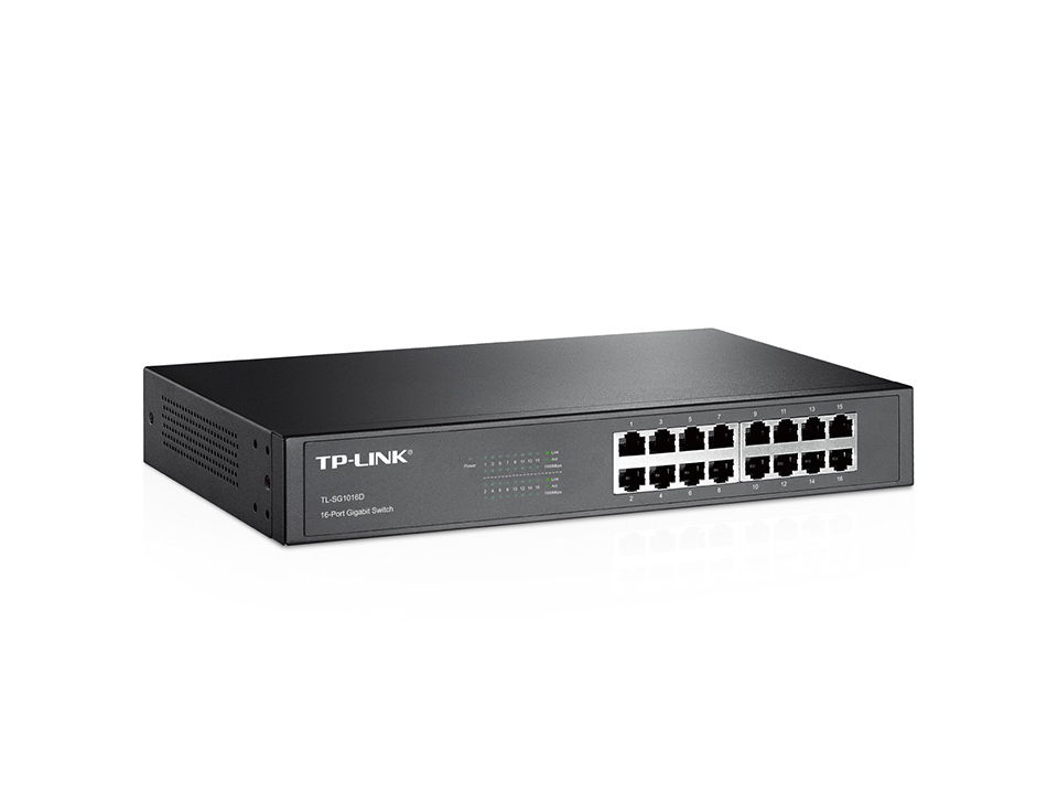Beyaz zemin üzerinde siyah TP-Link 16 portlu Gigabit Switch. 1-16 portları yanıyor. Metin: TL-SG1016D.