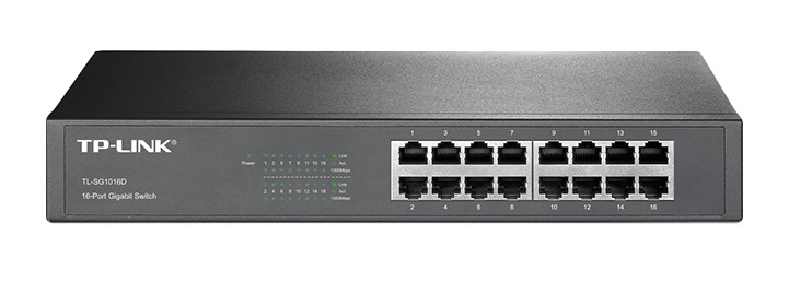 Siyah TP-LINK 16 Portlu Gigabit Switch, önden görünüm, bağlantı noktaları ve ışıklarla.