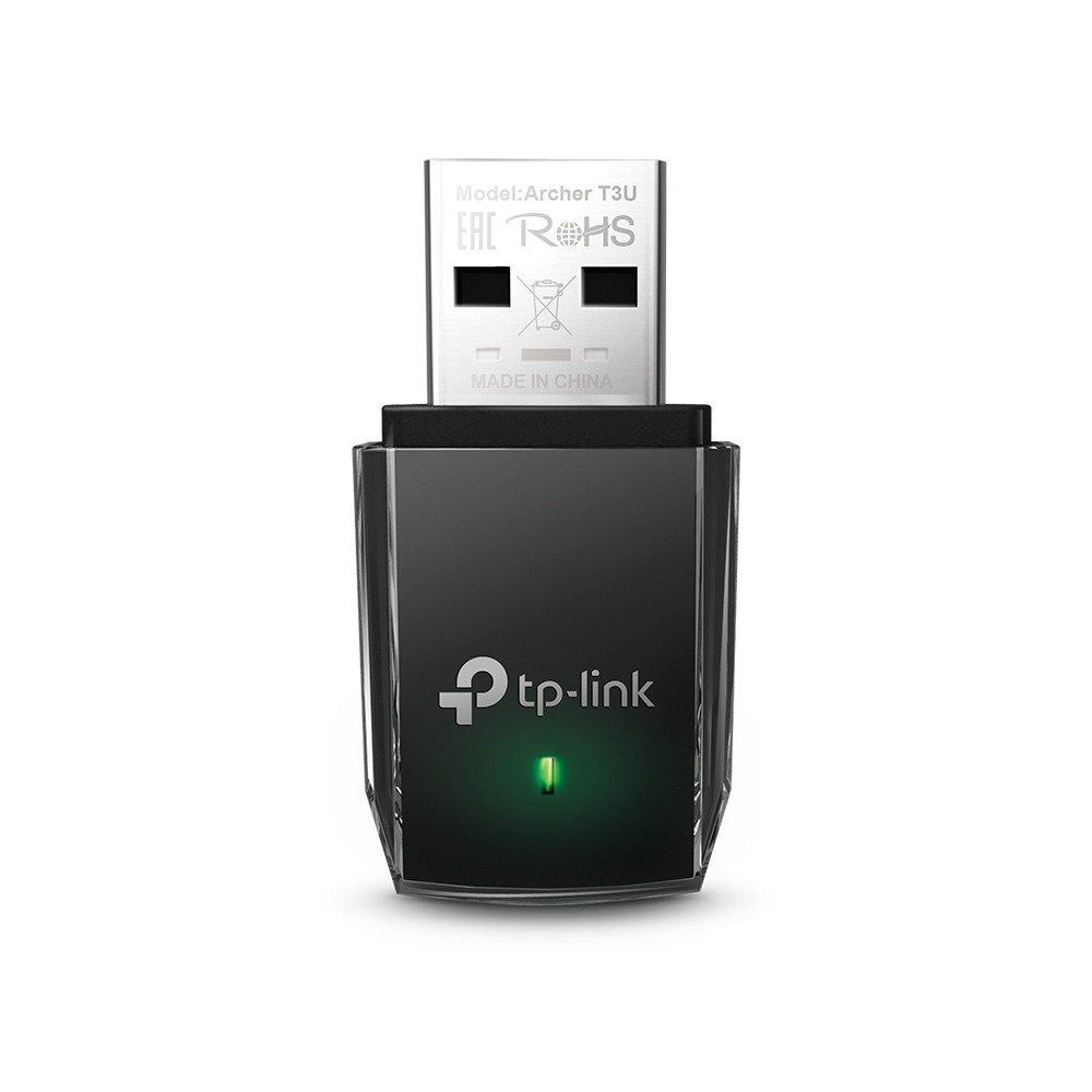 'tp-link' logosu ve yeşil ışık göstergesi olan siyah ve şeffaf USB WiFi adaptörü.