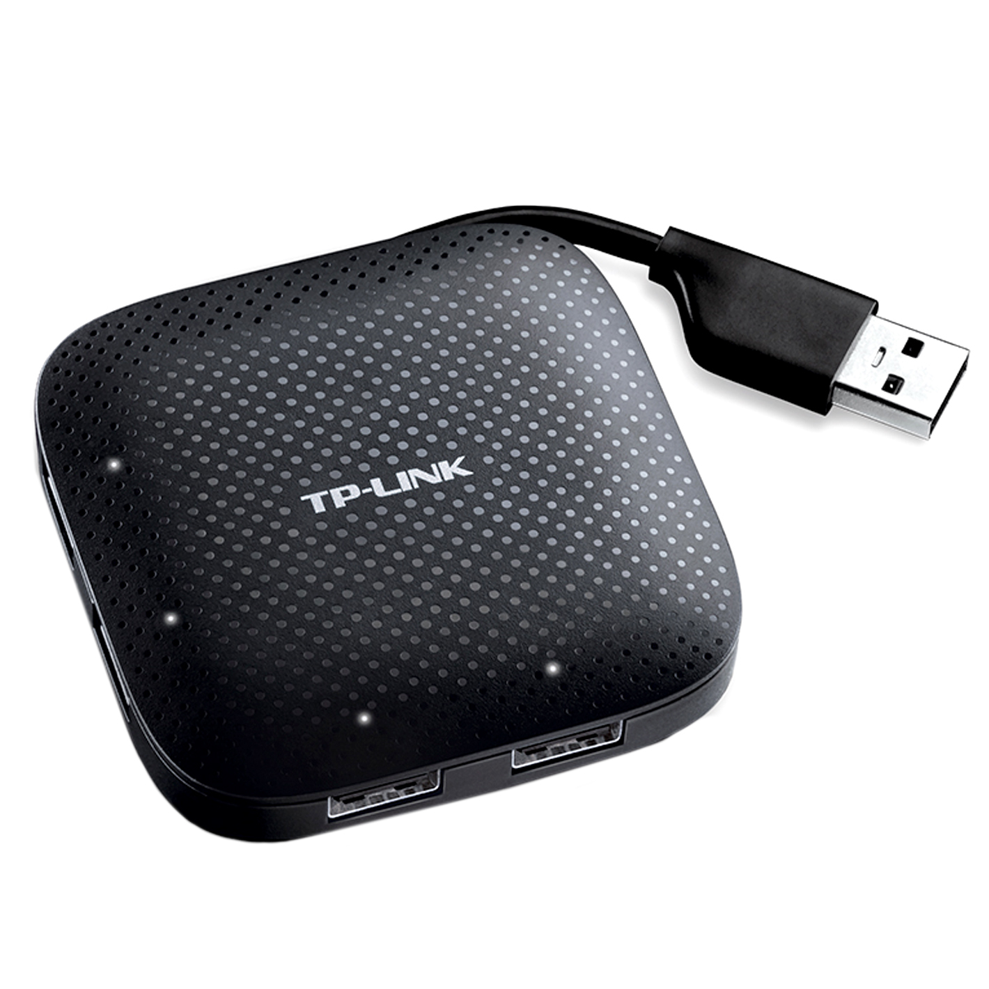 Kare şeklinde ve birden fazla USB bağlantı noktasına sahip siyah bir TP-Link USB hub'ı. Bağlı bir kablosu var.