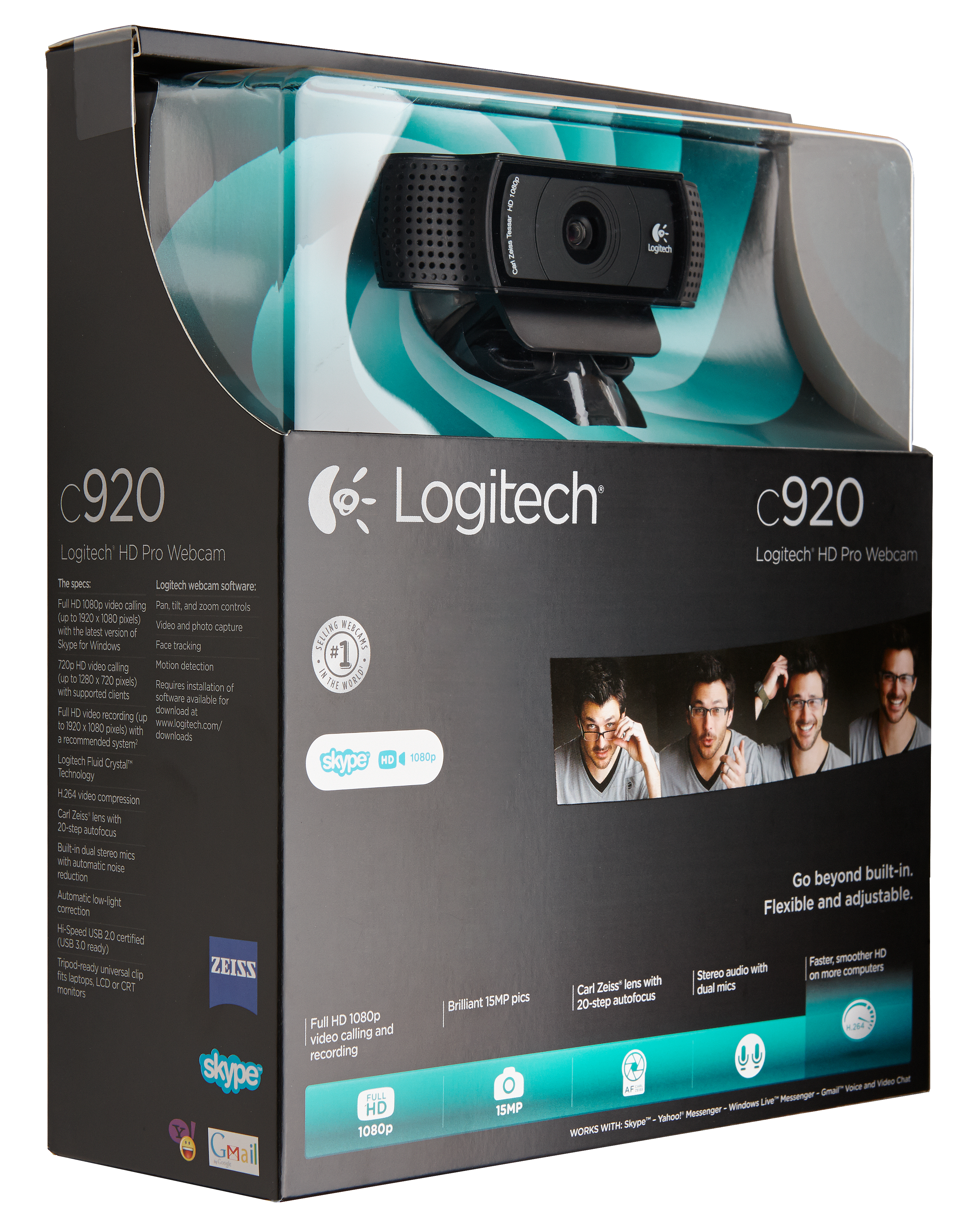 Kutuda web kamerası: 'Logitech C920' özellikleri ve kullanan kişilerin fotoğrafları.