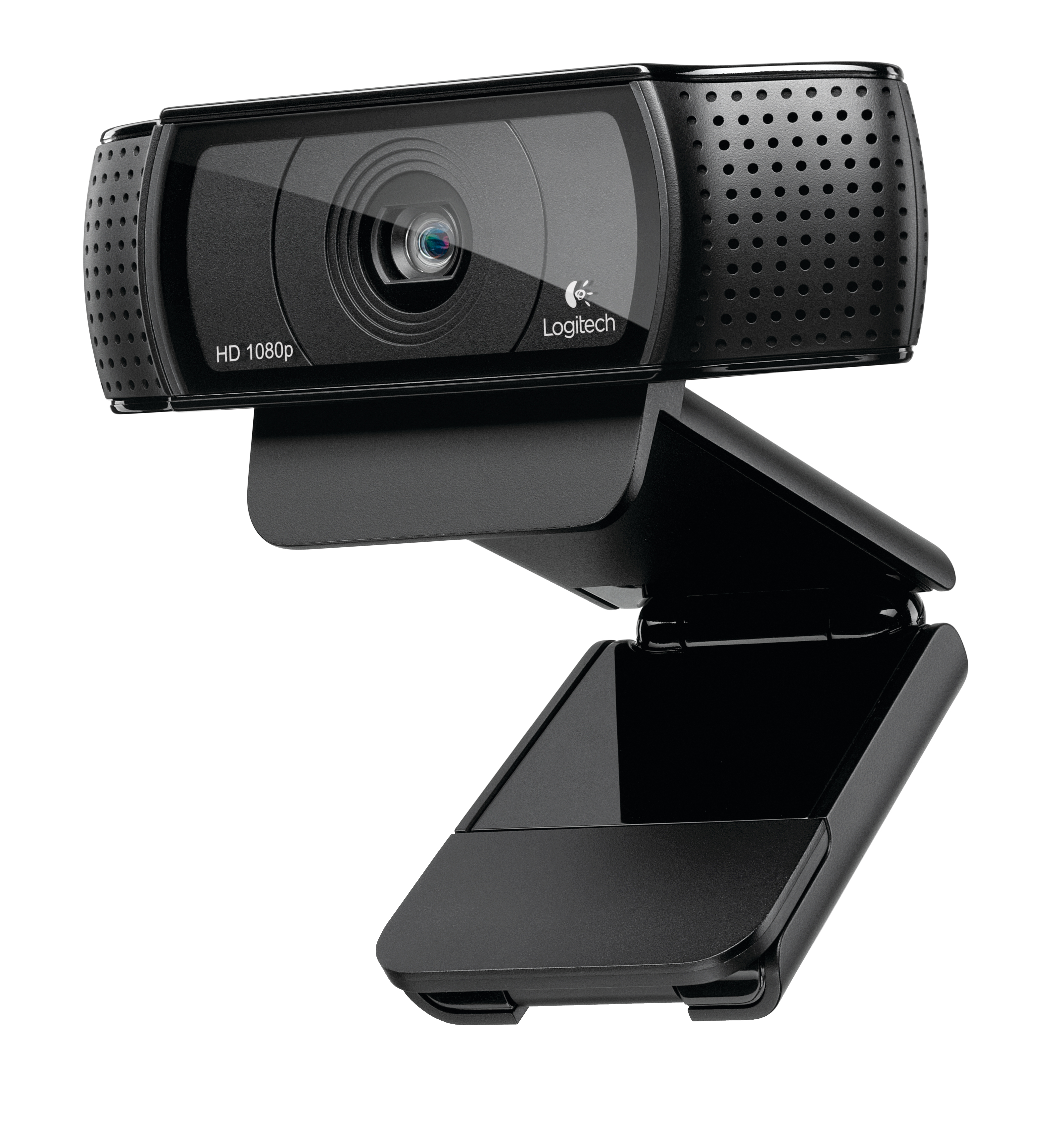 Beyaz zemin üzerinde siyah Logitech web kamerası. Lens, mikrofon delikleri ve bir standı var. Logo görünür.