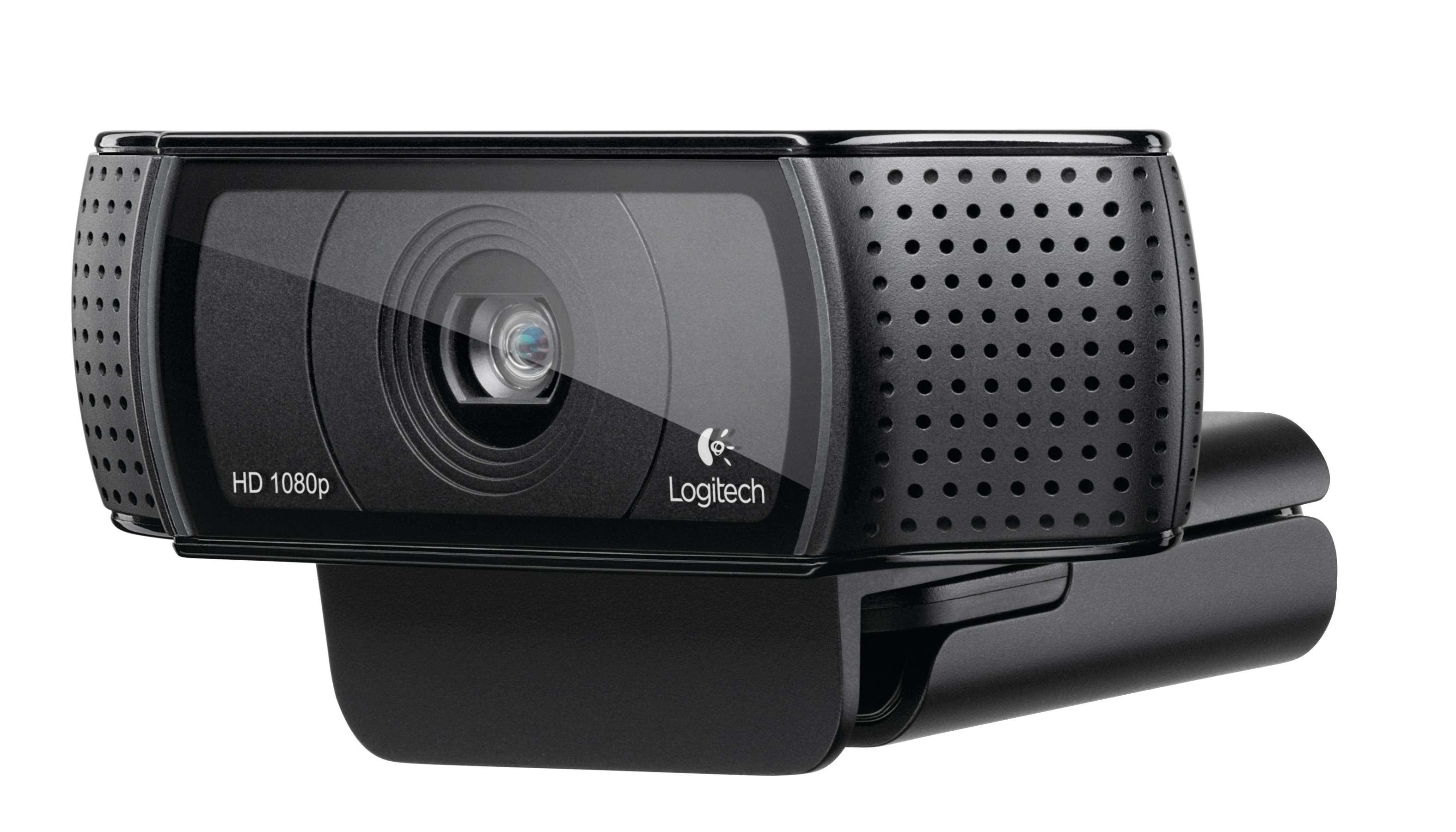 HD 1080p'li siyah Logitech web kamerası. Beyaz zemin.