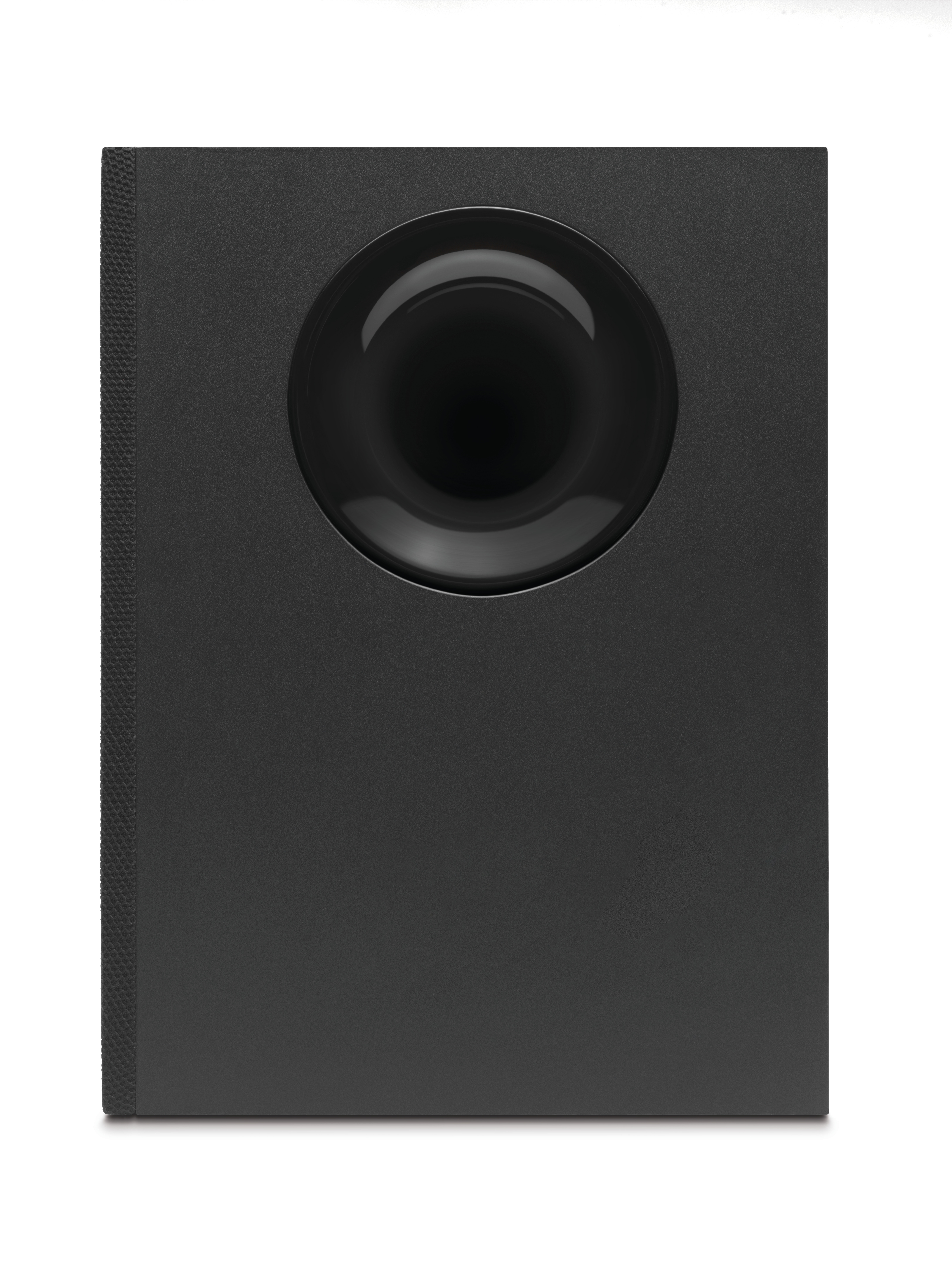 Dairesel bağlantı noktalı siyah subwoofer. Ön yüzü düz, yanları dokuludur.