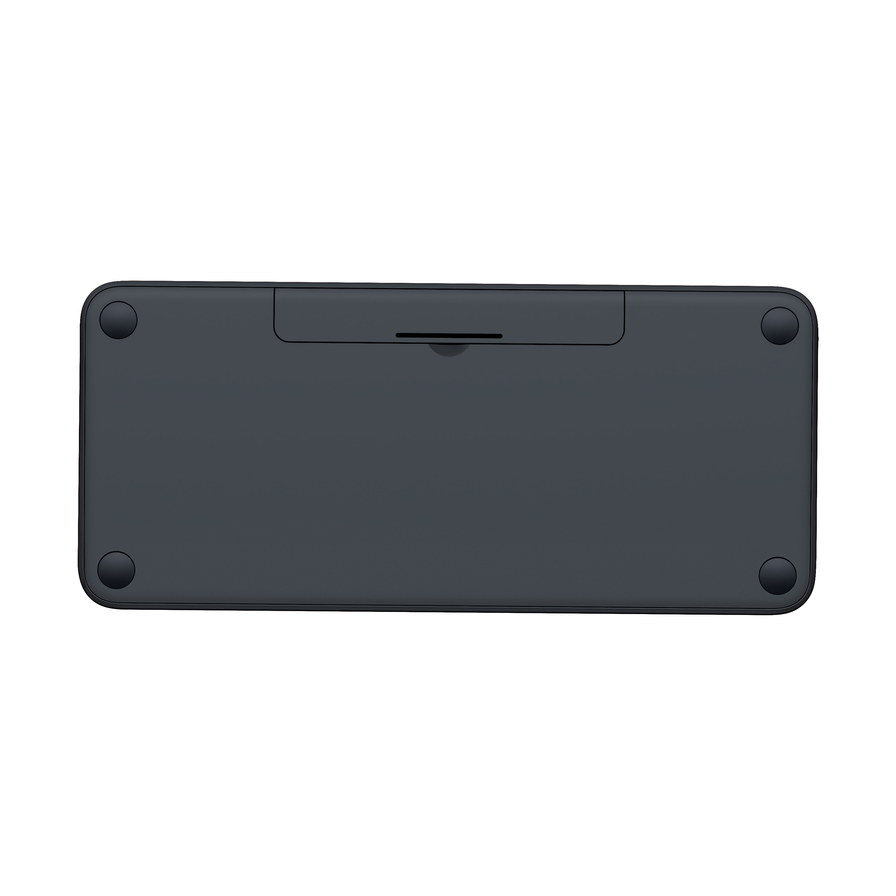 Koyu gri bir tablet. Alttan görünüm, dört kauçuk ayak ve bir şarj portu gösteriyor.