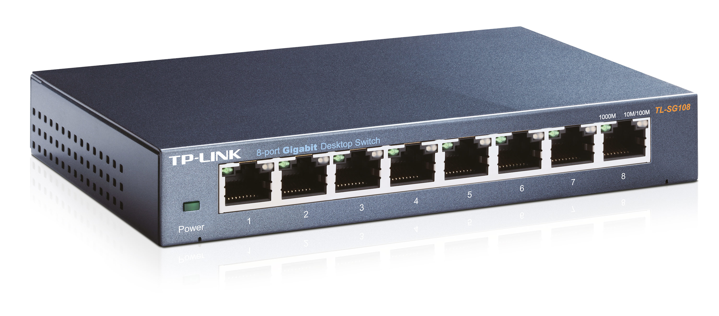 Siyah TP-Link 8 portlu Gigabit masaüstü anahtar. Sekiz numaralı bağlantı noktası, güç ışığı. Üstten görünüm, beyaz arka plan.