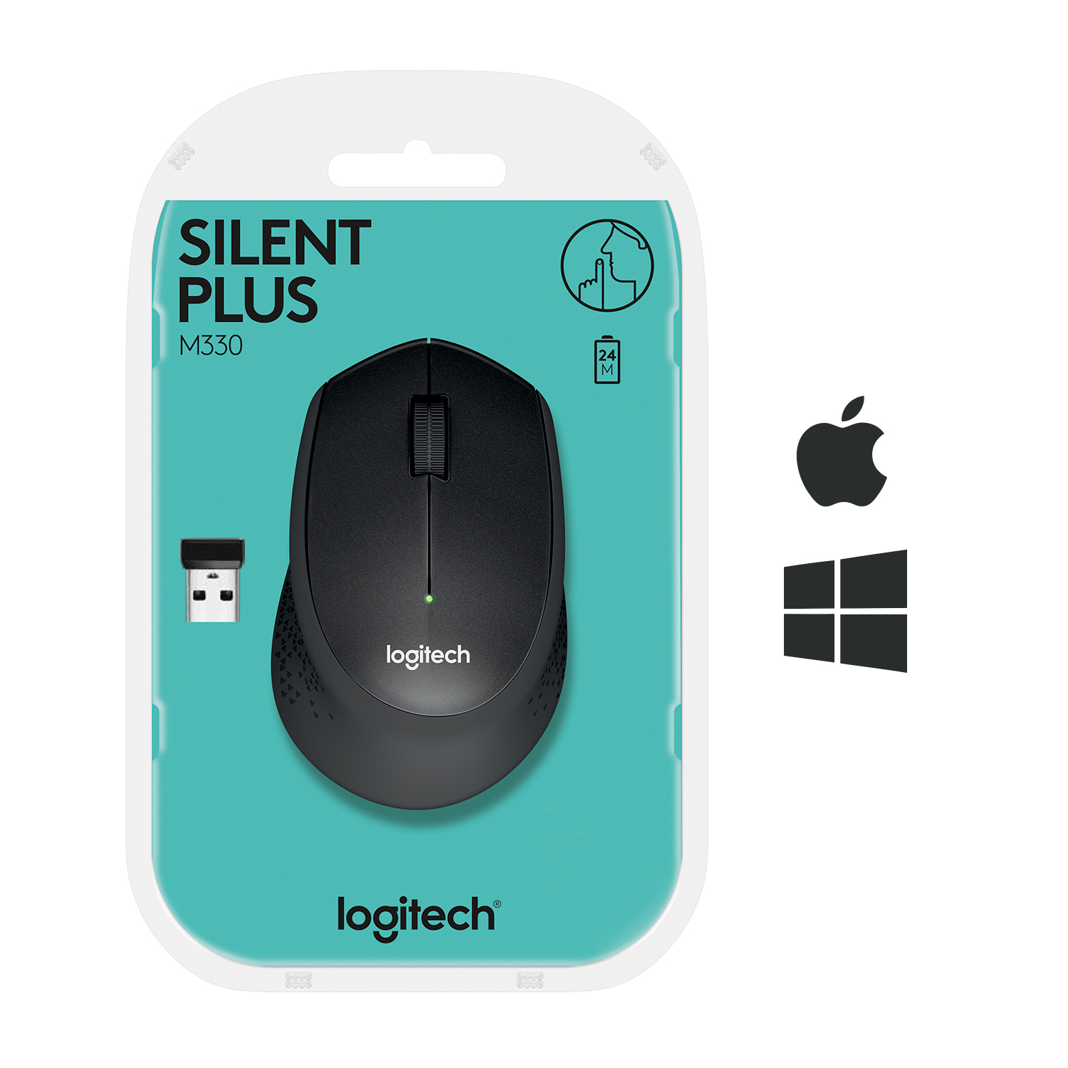 İçinde siyah bir fare bulunan Logitech M330 Silent Plus fare ambalajı.