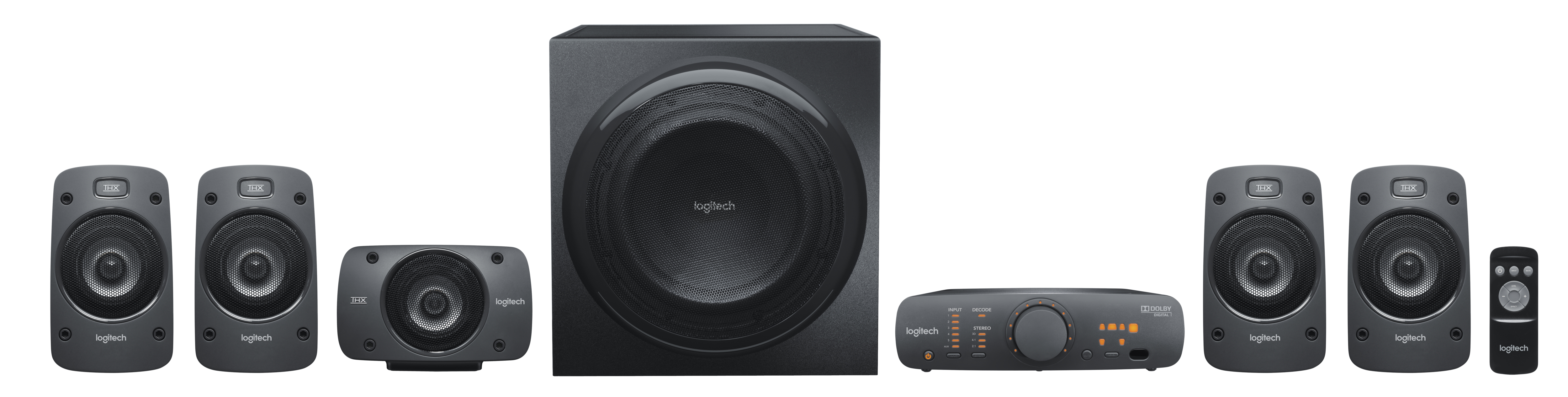 Komple bir ev sineması sistemi: iki hoparlör, bir subwoofer, bir merkez hoparlör ve bir uzaktan kumanda.