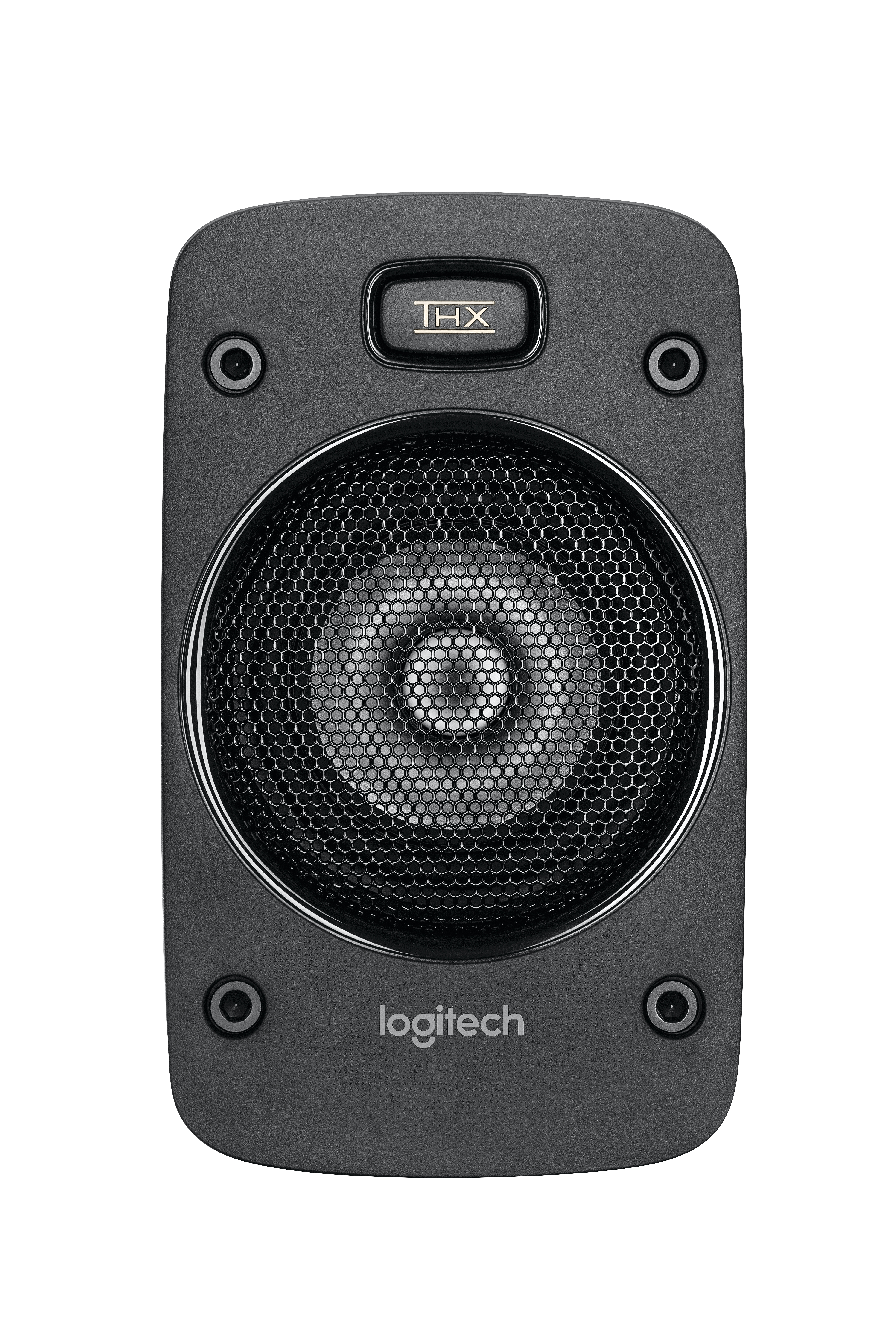 File ızgaralı, THX logolu ve Logitech yazılı siyah hoparlör.