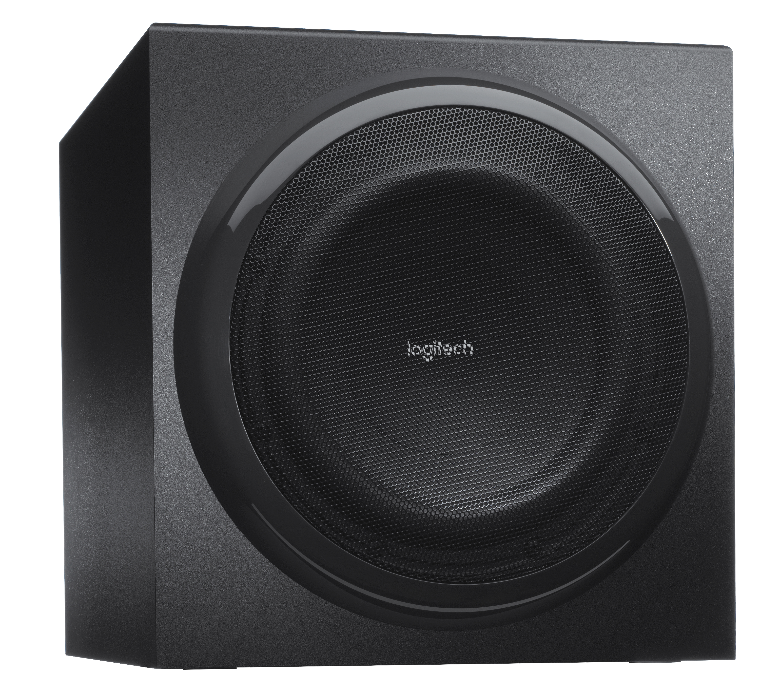 Ön tarafında ortalanmış bir ağ ızgarası bulunan siyah bir subwoofer hoparlörü.