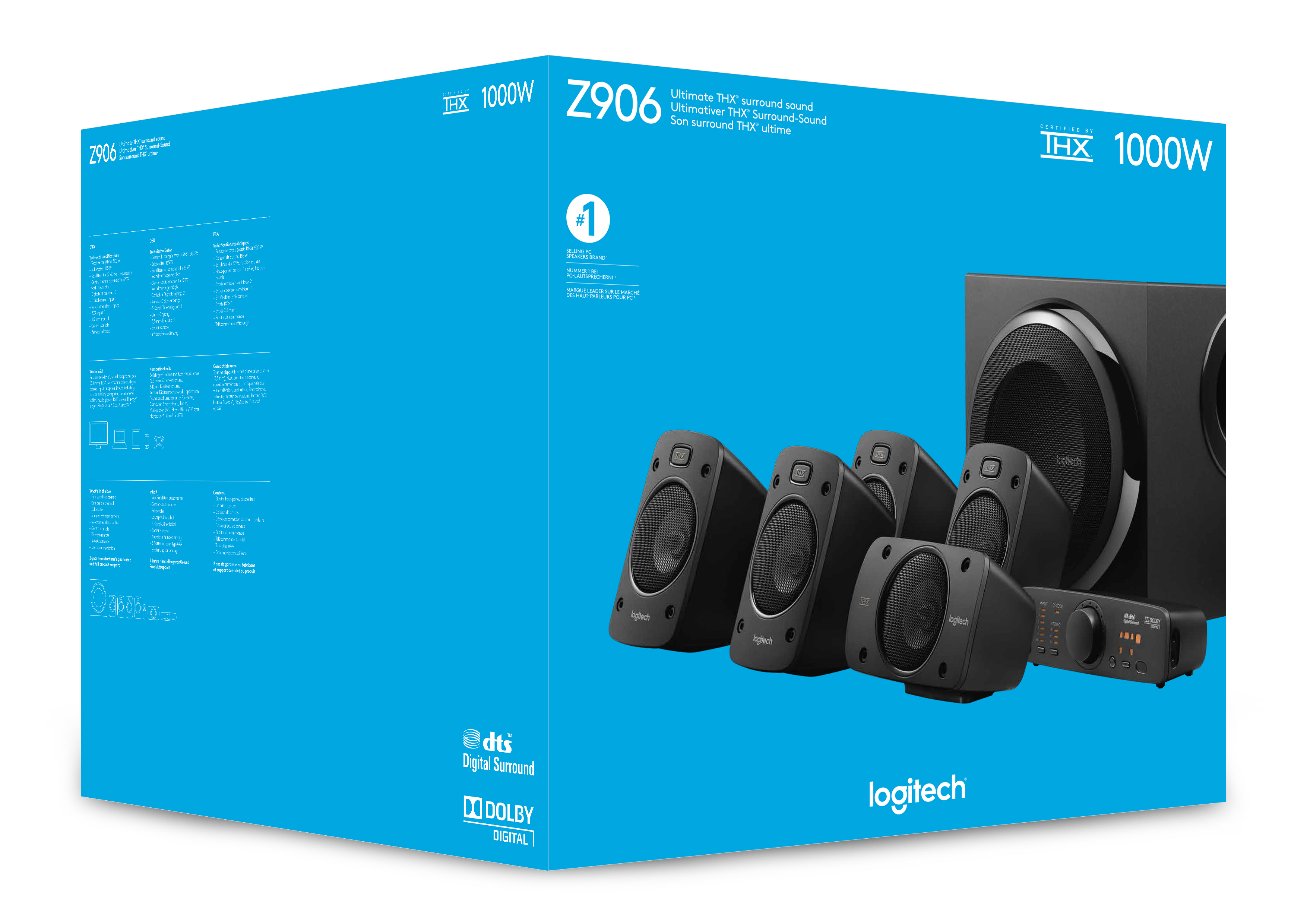 Hoparlör seti kutusu: beyaz bir arka plan üzerinde hoparlörler, subwoofer ve metin içeren mavi bir kutu.