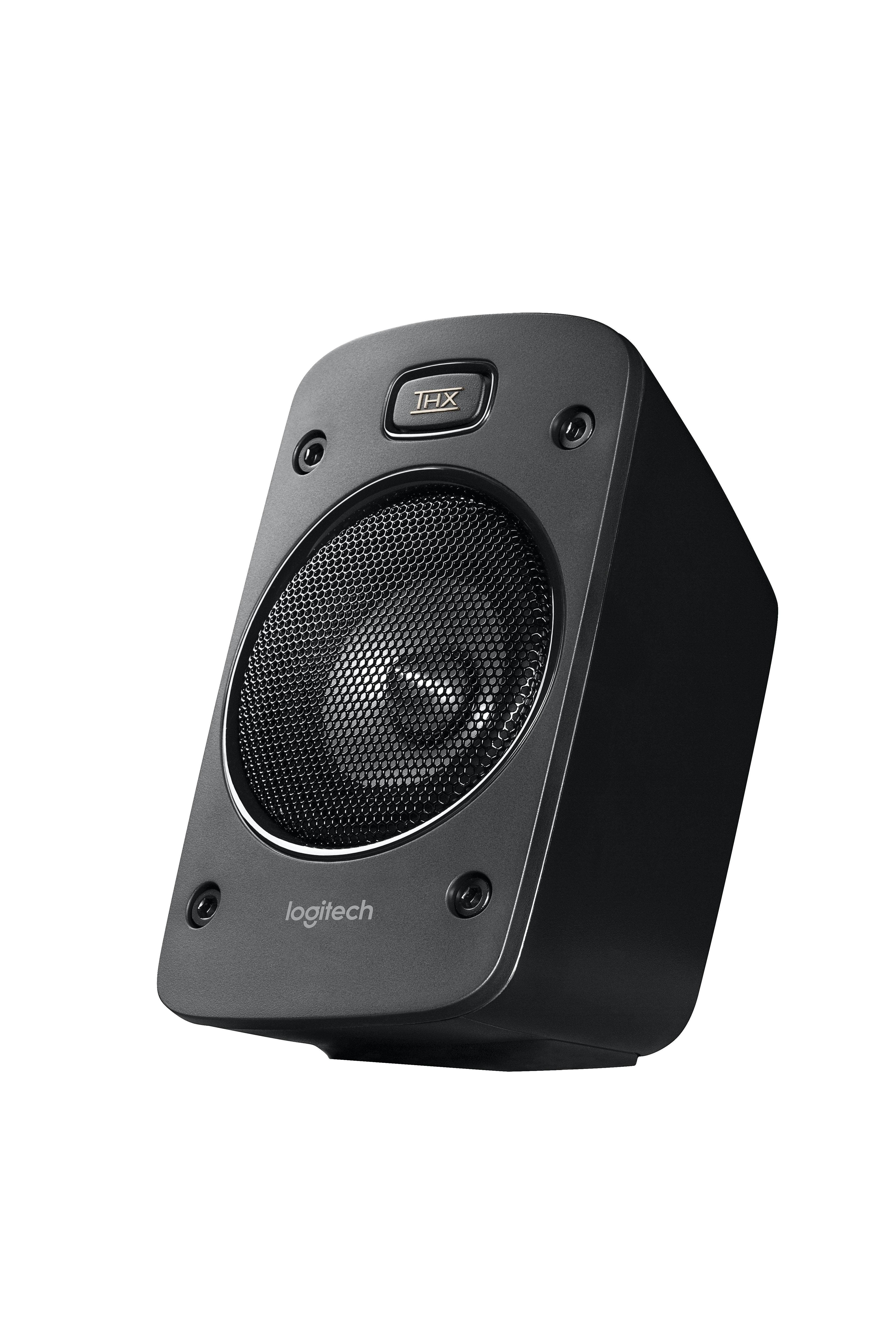 Siyah Logitech hoparlör, ızgaralı.