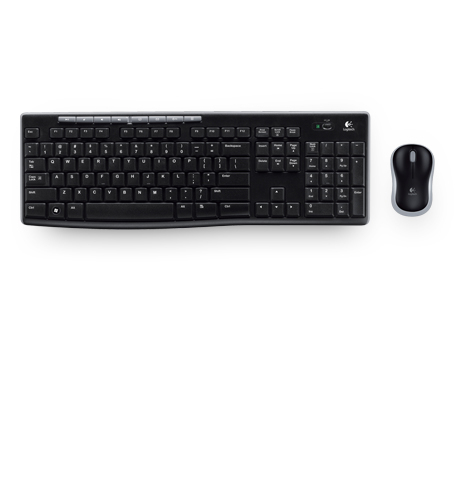 Siyah Logitech klavye ve fare. Klavye tüm tuşlara sahip ve fare sağda.