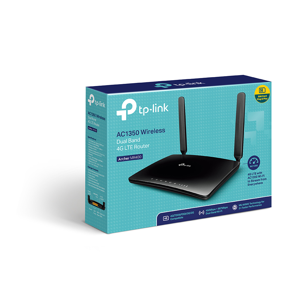 Tp-link AC1350 kablosuz çift bant 4G LTE yönlendirici kutusu, mavi ve siyah.