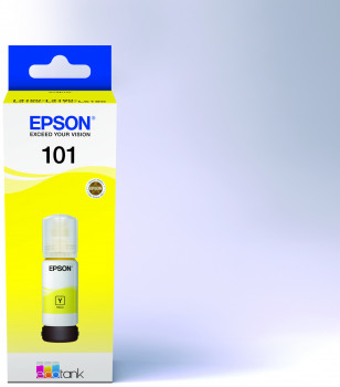 Epson 101 sarı mürekkep şişesi, sarı ve beyaz bir kutuda.