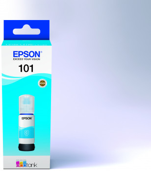 Epson 101 mürekkep şişesi kutusunda, mavi renkli bir şişe görünüyor.