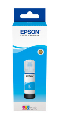 Mavi kutuda Epson mürekkep şişesi. Beyaz zemin.
