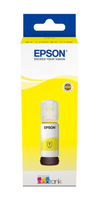 Beyaz etiketli sarı bir Epson mürekkep şişesi ve sarı-beyaz bir kutu.