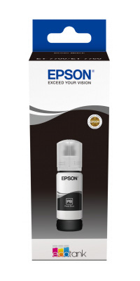 Epson mürekkep şişesi ambalajında. Ambalaj, Epson logosu ile beyaz ve siyahtır.