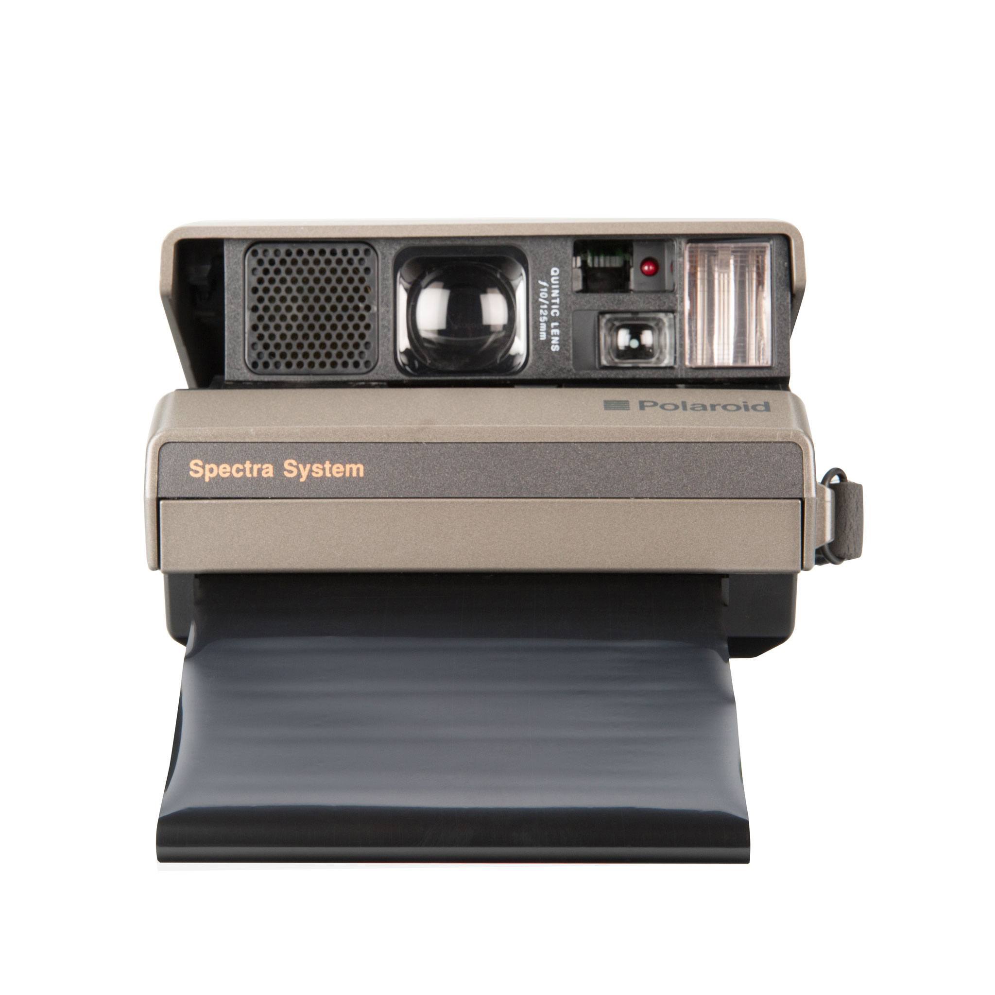 Eine Polaroid Spectra System Kamera, mit grauem und schwarzem Farbschema.