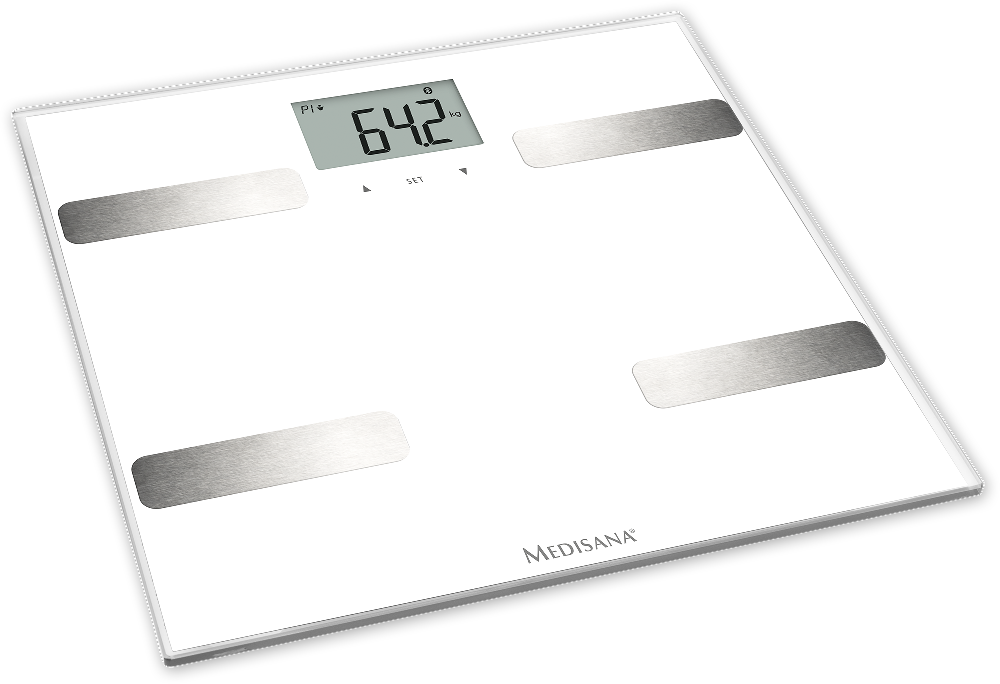 Een witte digitale weegschaal met zilveren pads. De weegschaal geeft 64,2 kg aan. Hij staat op een zwart oppervlak.