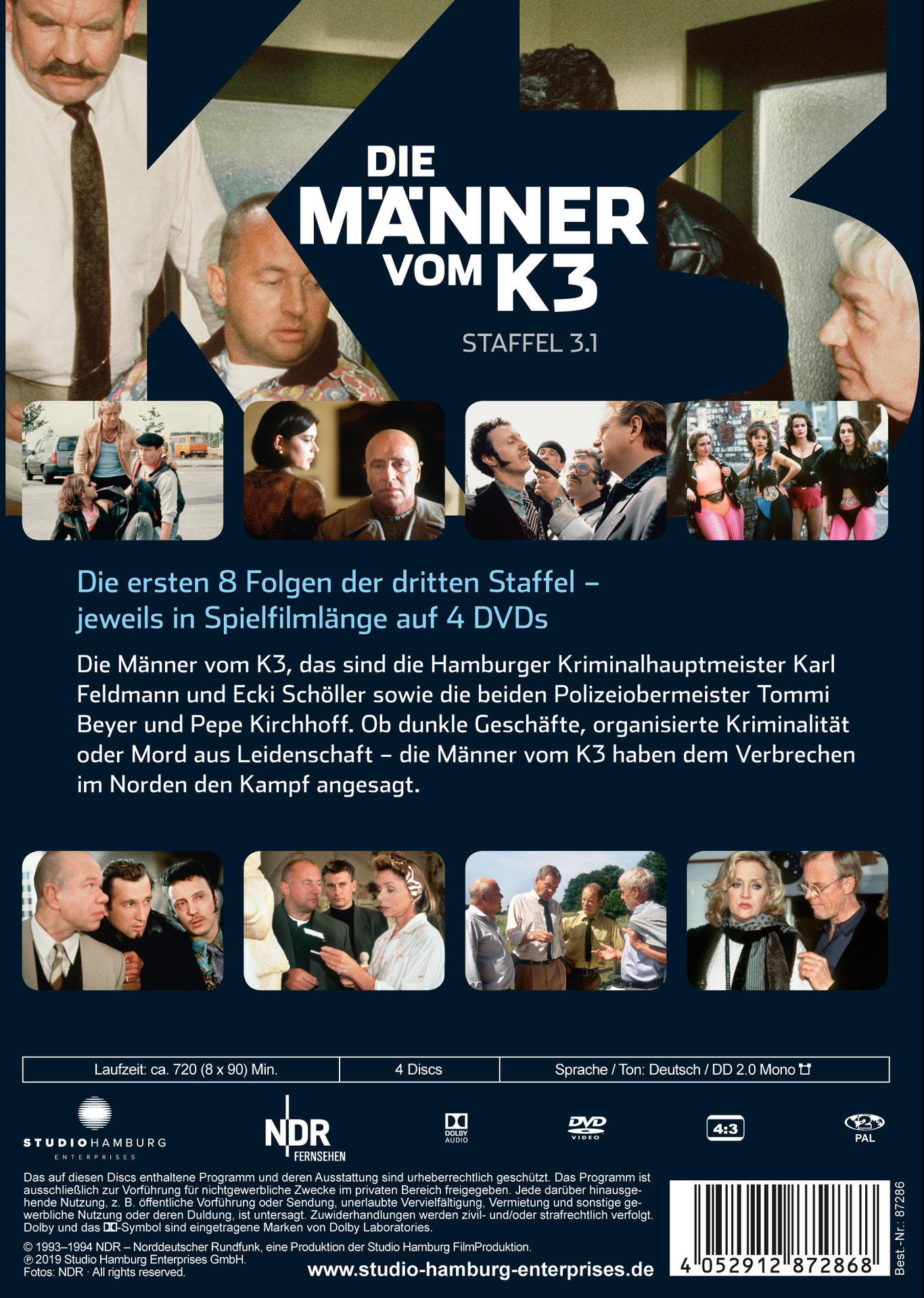 DVD-Hülle: Die Männer vom K3, mit Fotos der Besetzung und Text auf Deutsch.