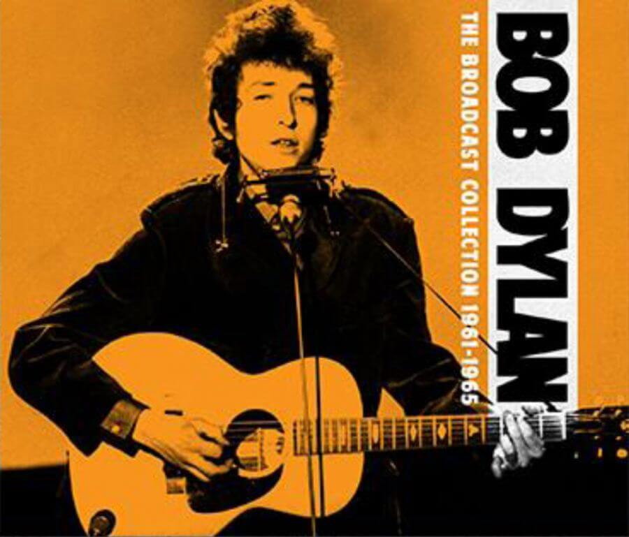 Pochette d'album de Bob Dylan jouant de la guitare et de l'harmonica. Palette de couleurs orange et noir.