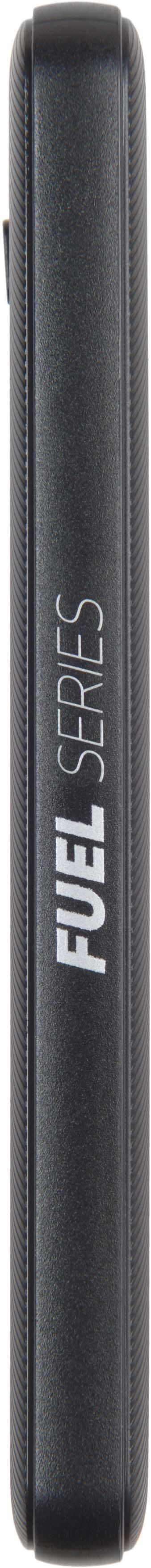 Eine schwarze externe Festplatte der Fuel Series, mit dem Markennamen in weißen Buchstaben. Sie ist vertikal.