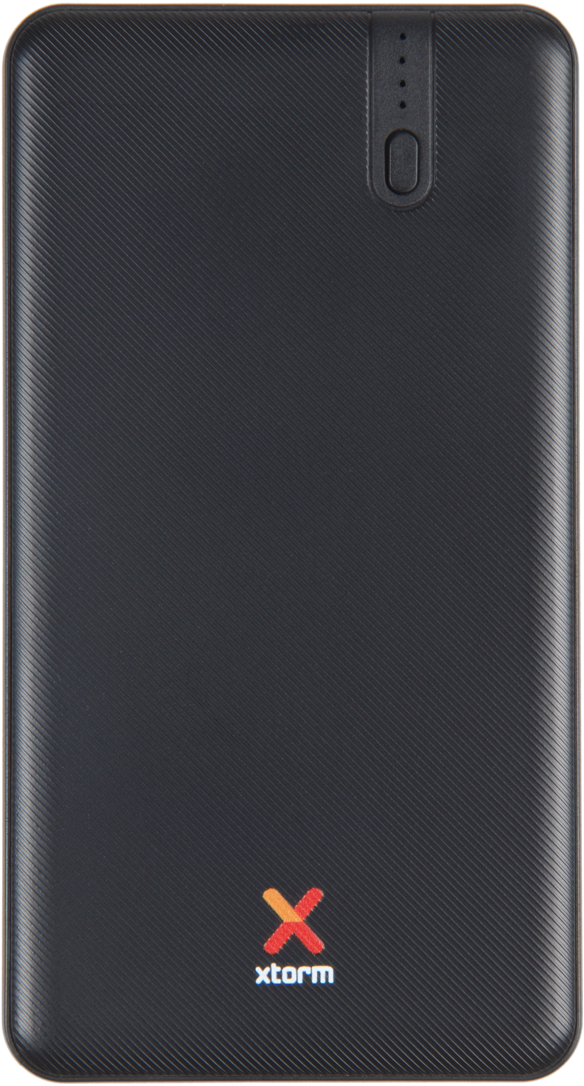 Eine schwarze Powerbank mit strukturierter Oberfläche. Es hat einen Knopf und Lichter.
