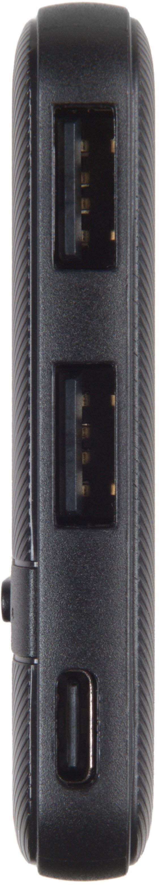 Schwarzes Gerät mit zwei USB-Anschlüssen und einem USB-C-Anschluss. Strukturierte Oberfläche.