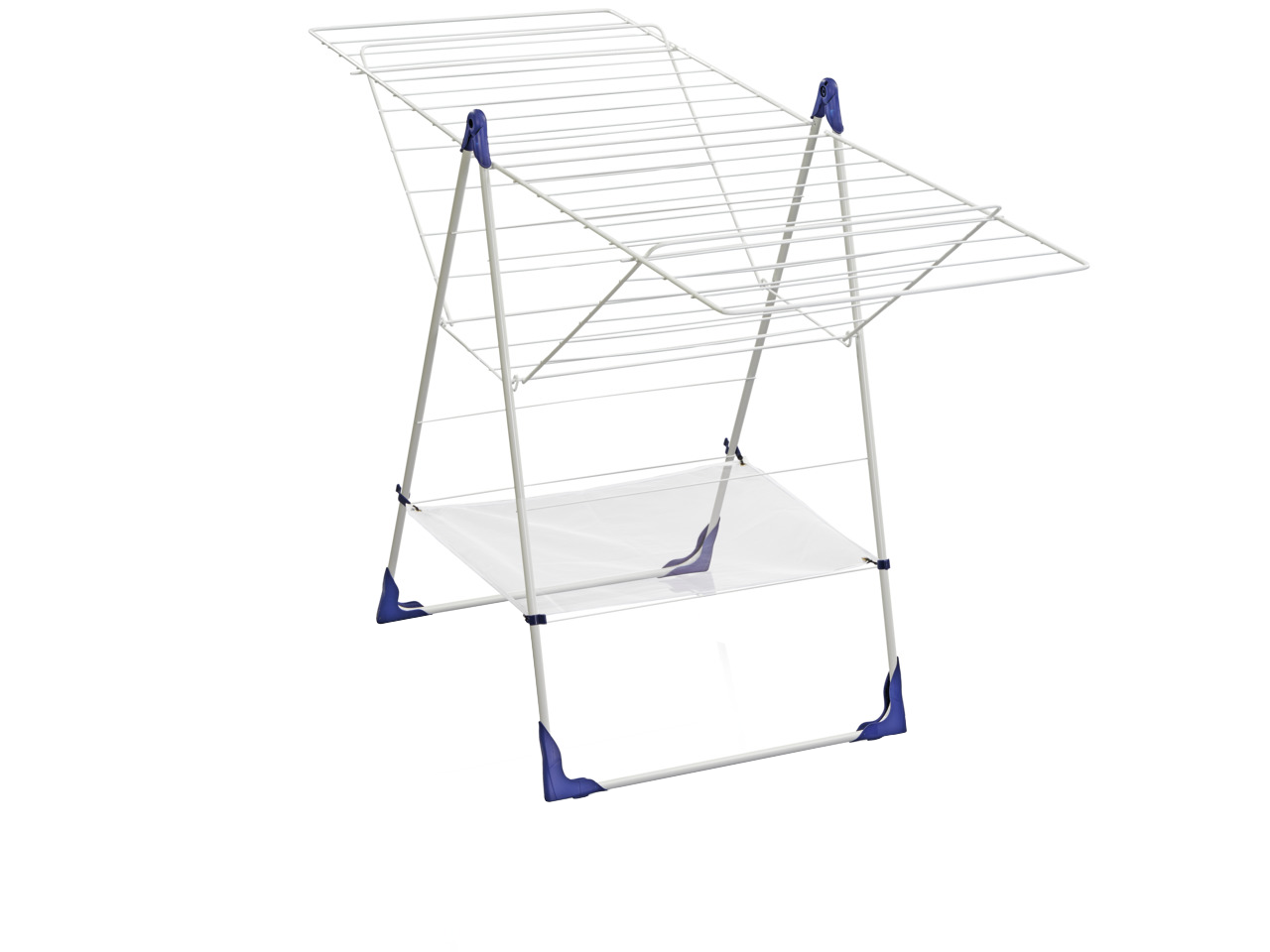 Een droogrek voor kleding, gemaakt van wit metaal en blauw plastic, staat tegen een zwarte achtergrond.